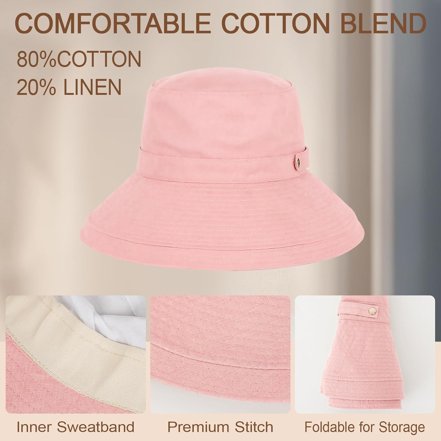 KEOYA Women'S Cotton Linen Bucket Hat Wide Brim Sun Hat with SPF50+ Adjustable Button Detachable Windproof Chin Strap image number 2