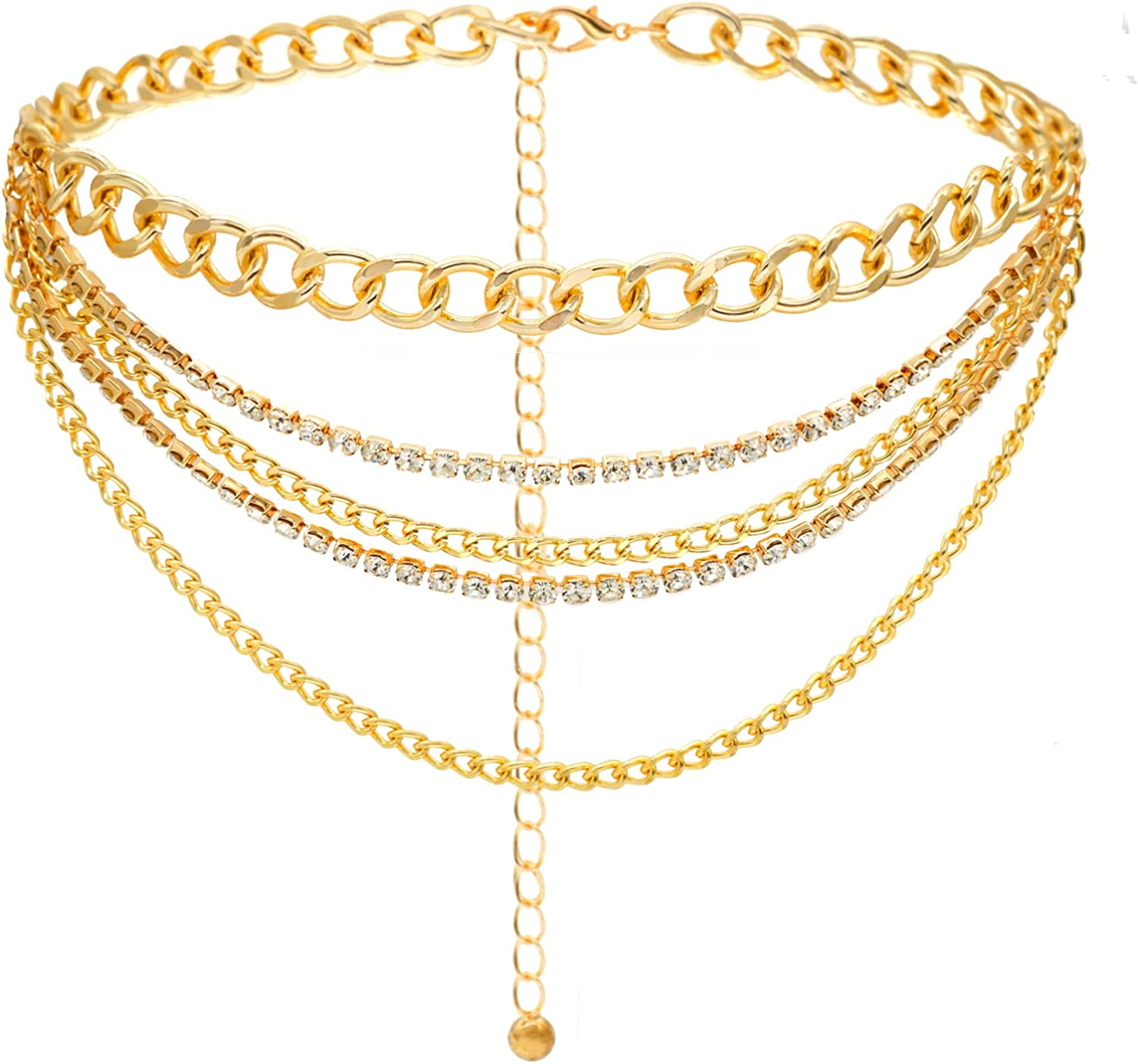 Yeeheen Rhinestone Chain Belt Multilayer Metal Waist Chain for Women Punk Chunky Chain Belts