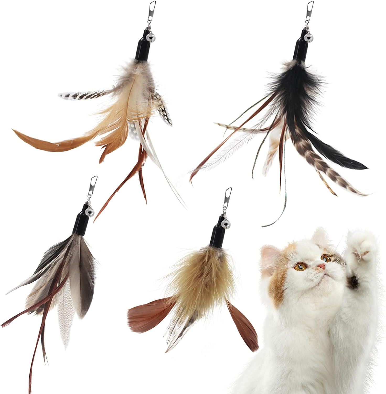 SONGWAY Cat Toy Wand Replacement - 4 Pieces Cat Toys, Cat Feather Toy Refills, Cat Teaser Wand Attachments, Interactive Cat Toys for Indoor Cats 4 Feather Refills