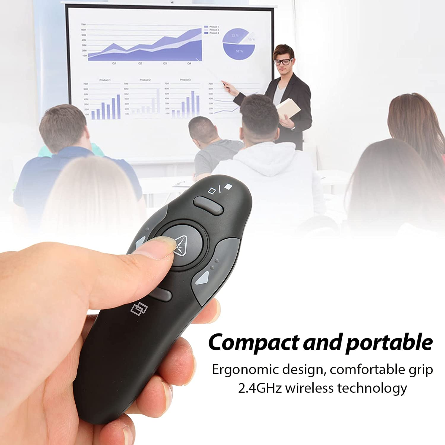 Wireless Presentation Clicker, 2.4Ghz USB Clicker 15M Wireless Presenter Remote or Keynote PPT PC Laptop Presentation Remote Clicker for Office School Classroom