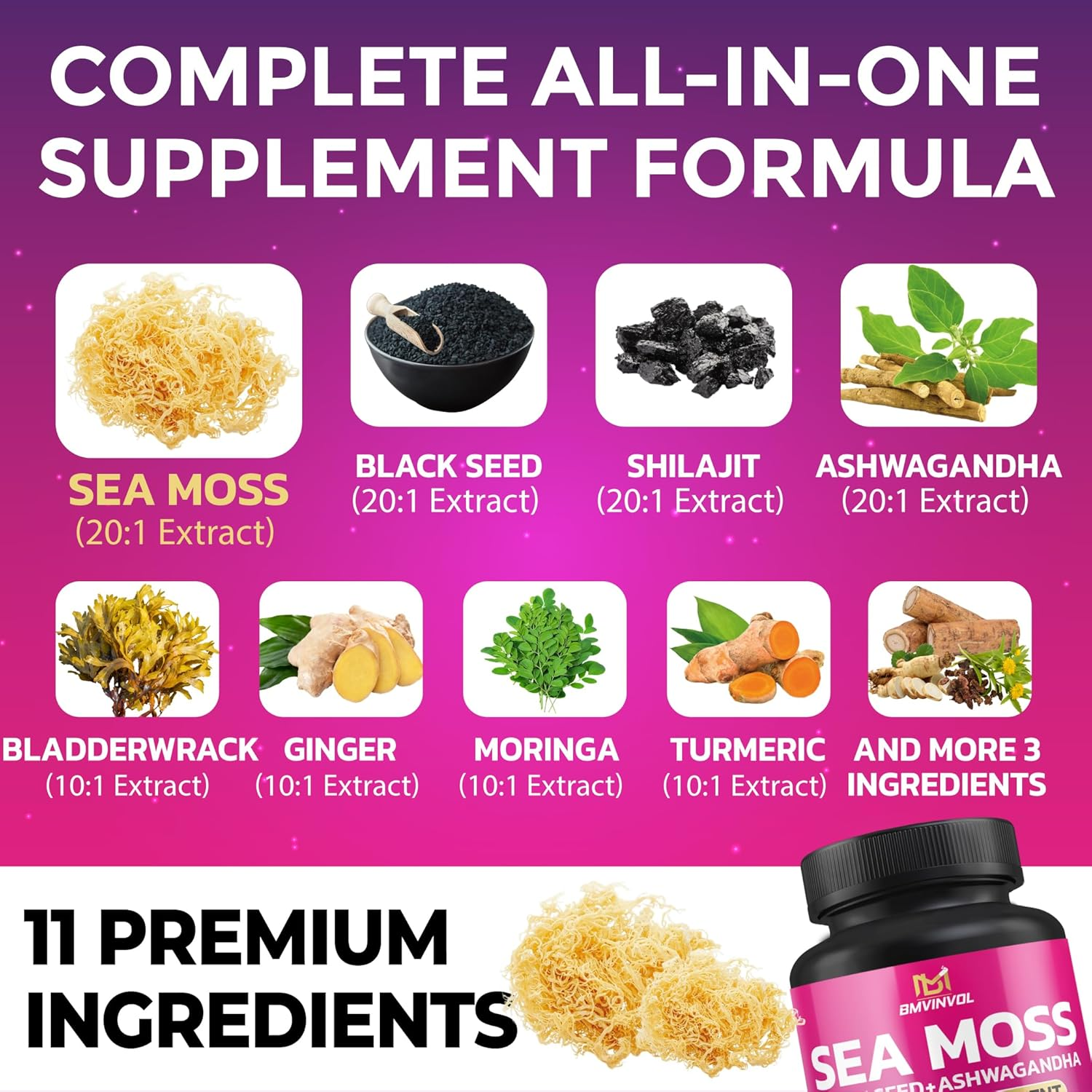BMVINVOL Sea Moss 6000Mg Black Seed 4000Mg Shilajit 2000Mg Ashwagandha 2000Mg + Bladderwrack, Ginger, Moringa, Turmeric, Burdock, Ginseng, Rhodiola Rosea - 100 Capsules image number 4