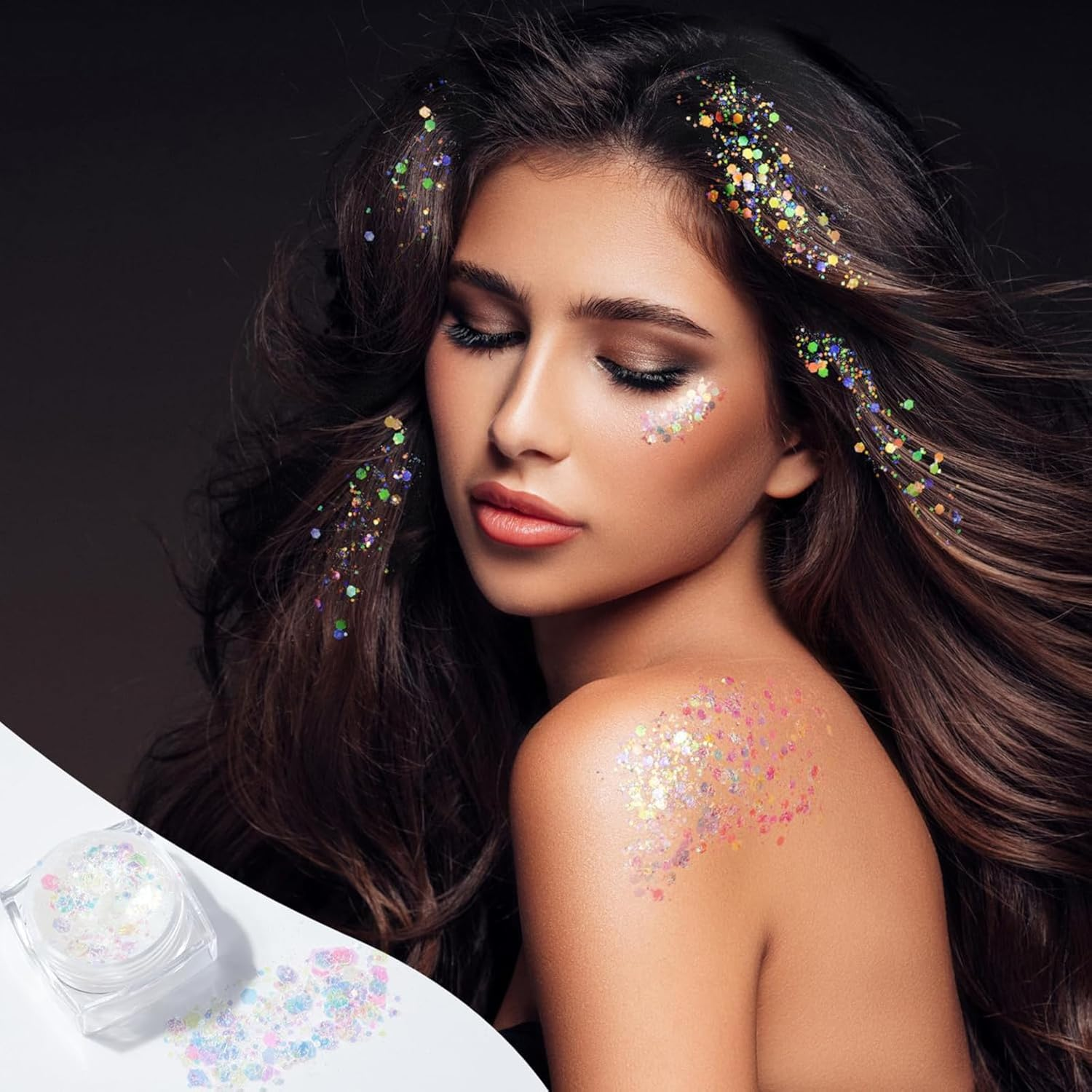 Face & Body Glitter Gel Set &ndash; 6 Shapes Iridescent White Glitter for Festival Makeup, JOMWEN Rave, Halloween, Parties & Mermaid Looks &ndash; Easy Apply Hair & Skin Glitter (White, 6 PCS) image number 1