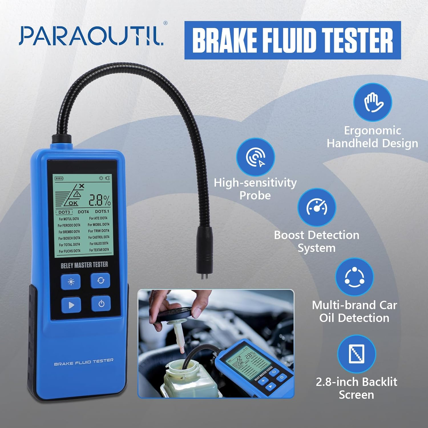 Car Brake Fluid Tester for DOT3 DOT4 DOT5.1 Brake Fluid Tester Boiling Point 2.2 Inch Ecran Backlight Tester Brake Fluid with High Sensitivity Test Probe 710 Mm image number 5