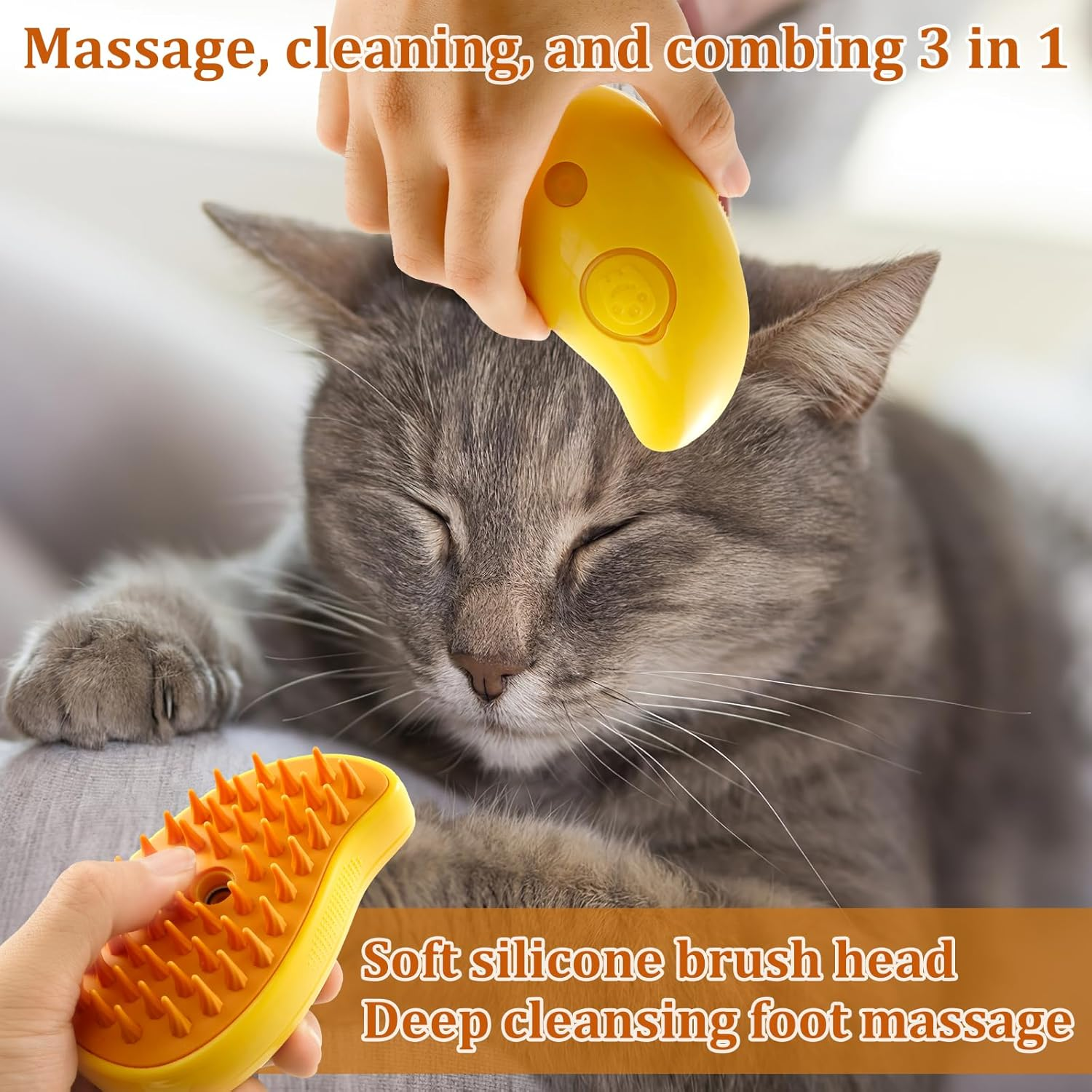 Steamy Cat Brush 3 in 1 Cat Steamy Brush USB Rechargeable Steamy Cat Brush for Shedding Efficient Cat Grooming Brush 4.5&times;2.6&times;2.4 Inch Cat Steam Brush Cat Steam Brush for Removing Tangled Loose Hair (Yellow) image number 2