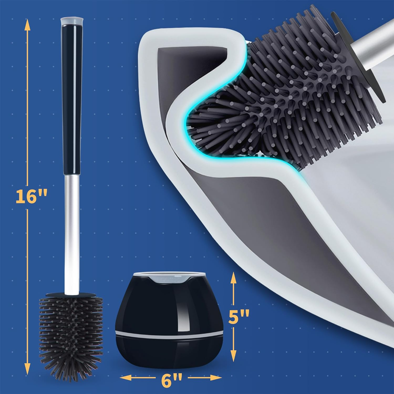 BOOMJOY Toilet Brush with Holder 2 Packs - Silicone Toilet Bowl Brush, Tweezers for Bathroom, Black