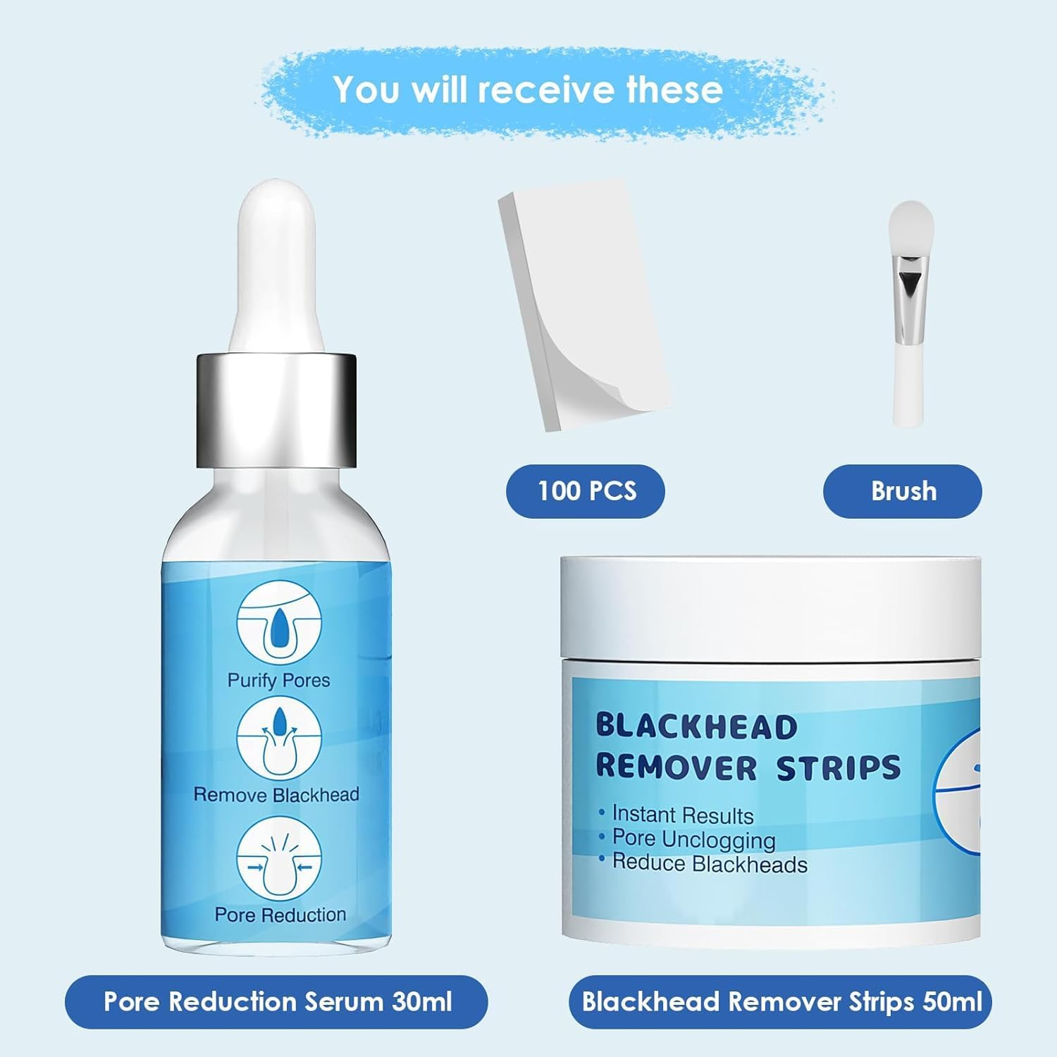 Blackhead Remover Strips, Deep Cleansing Pore Strips，Nose & Facial Pore Cleaner Kit with Pore Minimizer Serum(30G), Black Head Remover for Face & Nose
