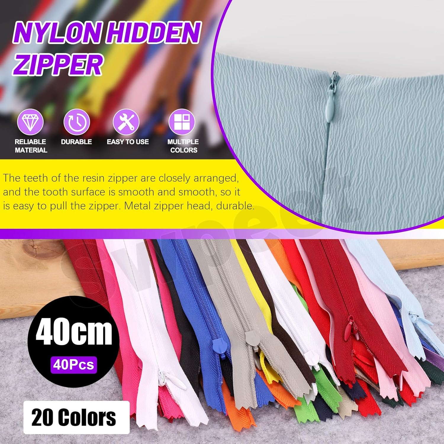 Swpeet 42Pcs 20 Mixed Color 16" Nylon Invisible Zippers with Measuring Tape and Scissors Assortment Kit, Hidden Zipper Multicolor Nylon Invisible Sewing Zipper for Tailor Garment Sewing Craft image number 3