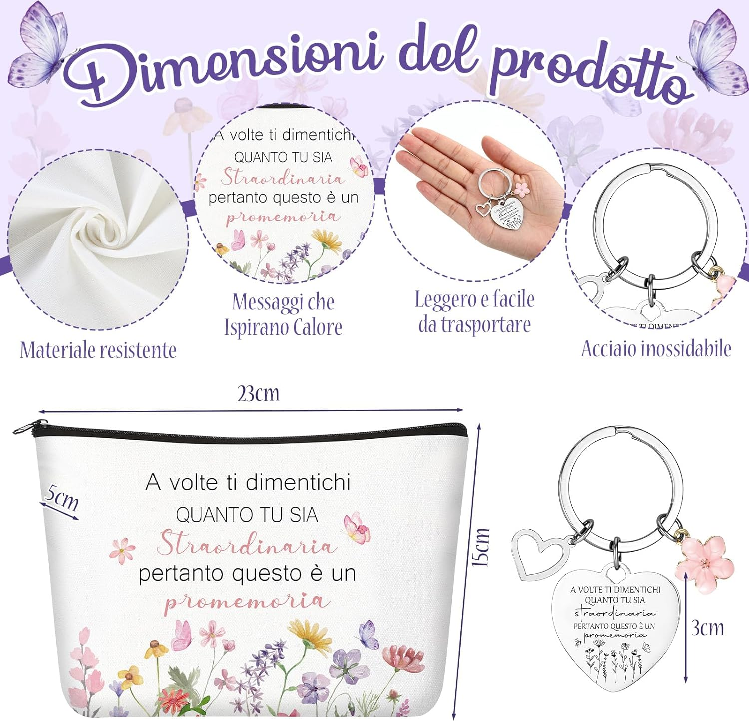 Xuniea Set of 2 Motivational Gift Set for Women Friends Colleagues Inspirational Cosmetic Bag with Floral Pattern Keyring with Flower Pendant for Teacher Birthday School Graduation Farewell image number 3