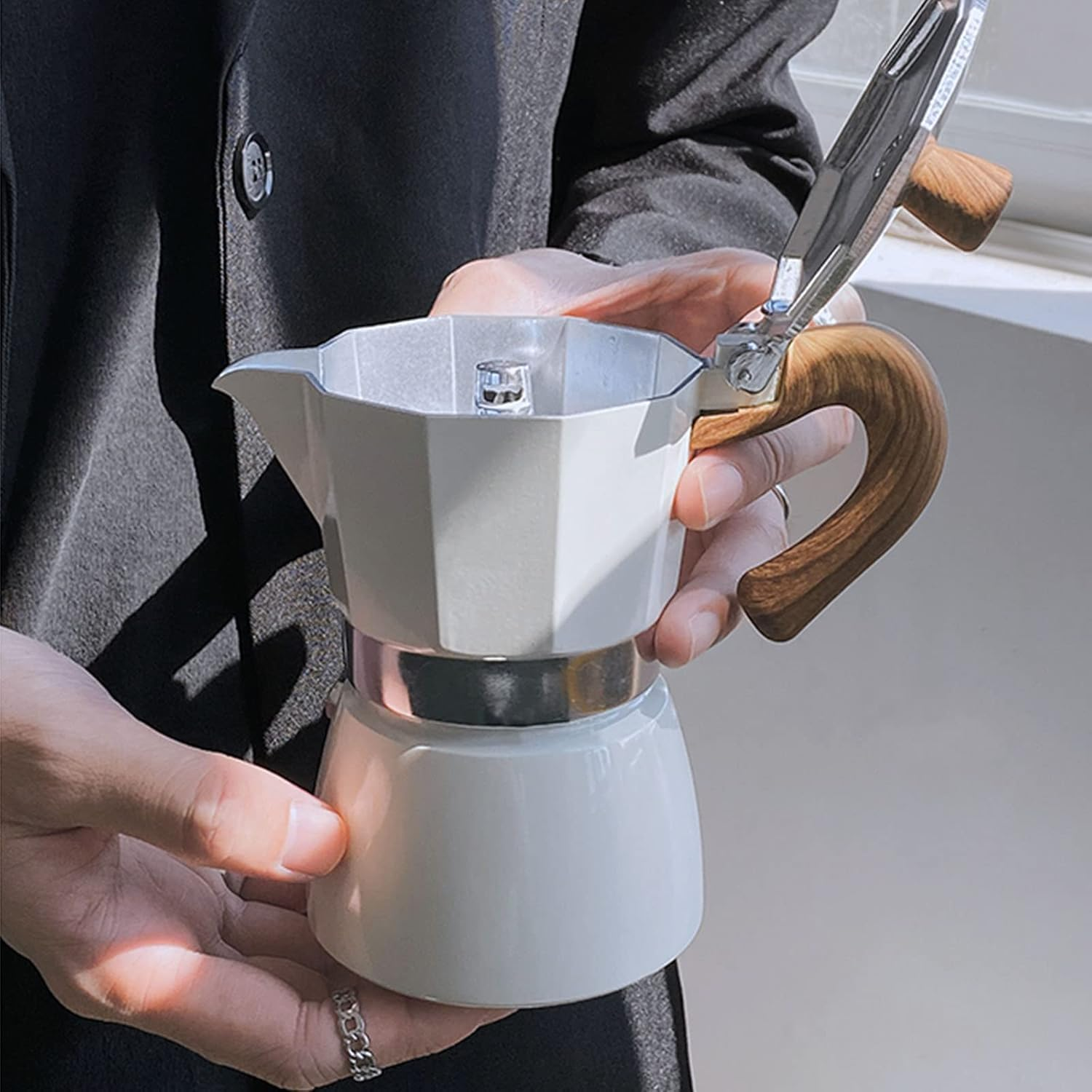 Bolero 3-Cup Moka Pot Stovetop Espresso Maker - Italian Aluminium Caffettiera Coffee Maker, Portable & Easy to Use (White-5 Oz, Small) image number 5