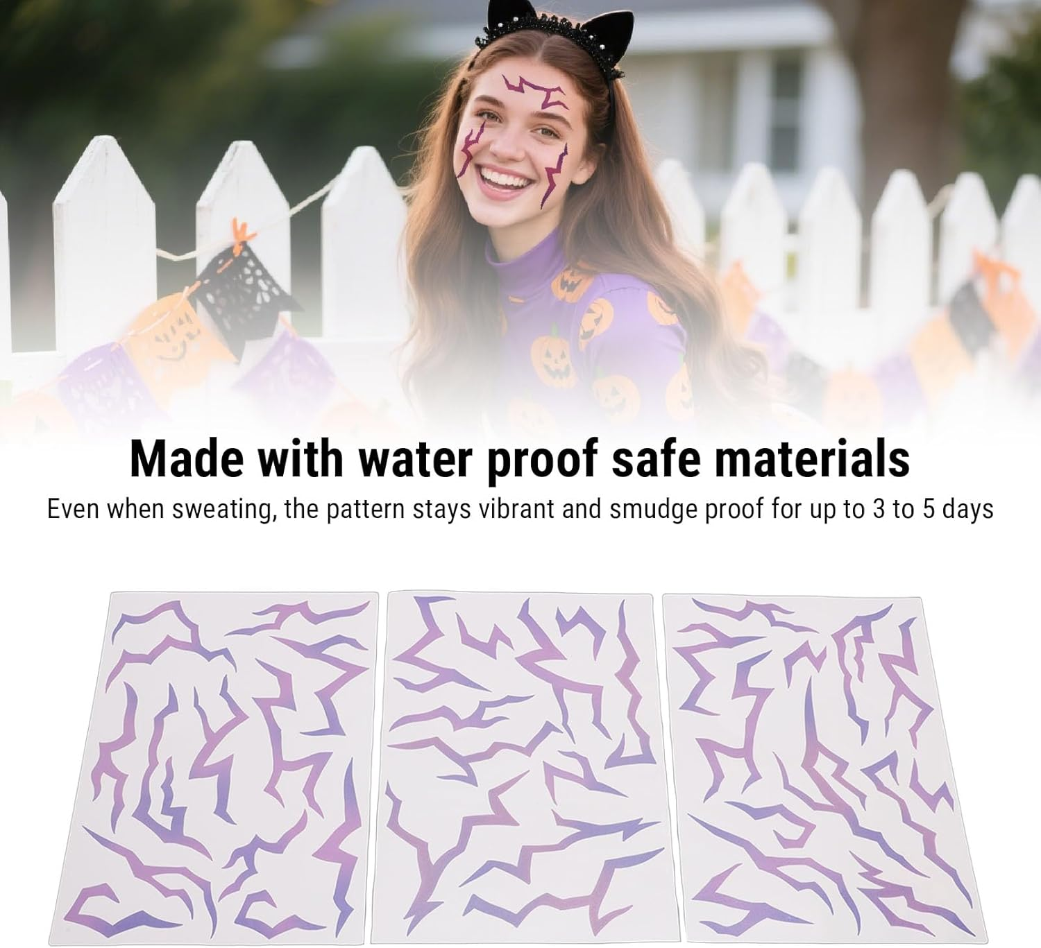 MENDUNER 3Pcs Glow in Dark Anime Stickers, Purple Temporary Tattoos, Face Body Art for Cosplay Christmas Parties, Easy Apply Remove, Festive Reactive Skin Stickers for Teens Adults image number 6