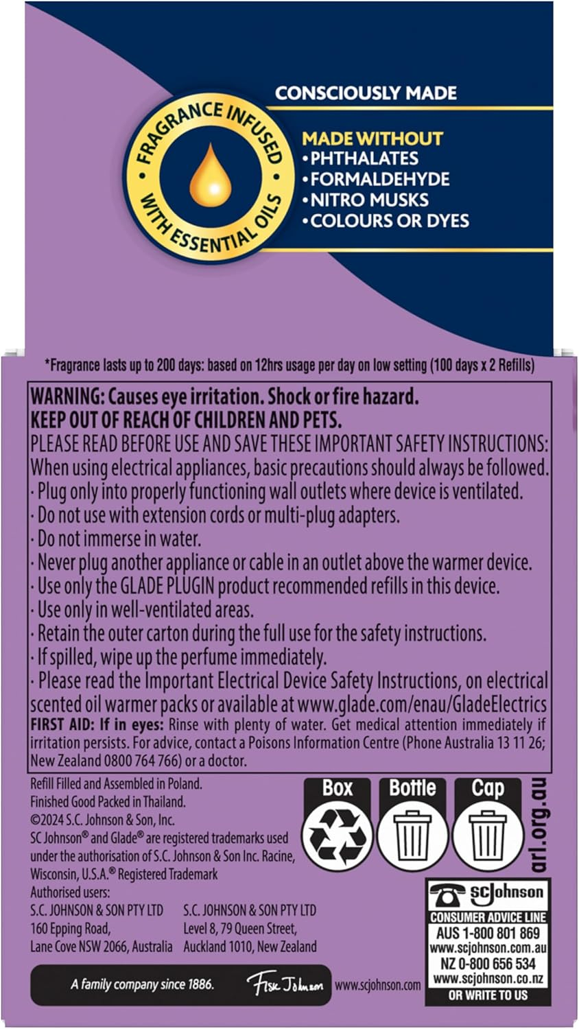 Glade Plugin Scented Oil Refill Tranquil Lavender 2X20Ml &ndash; Soothing Aroma, up to 200 Days of Fragrance