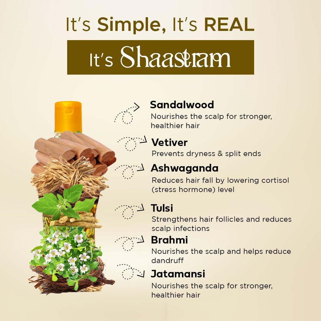 Shaastram Sandalwood Vetiver Herbal Hair Oil with Real Vetiver Roots, Sesame, Brahmi, Ashwagandha Oil Extract & Ayurvedic Herbs | Hair Growth, Breakage Control | Natural Hair Care for Men Women 180Ml image number 6
