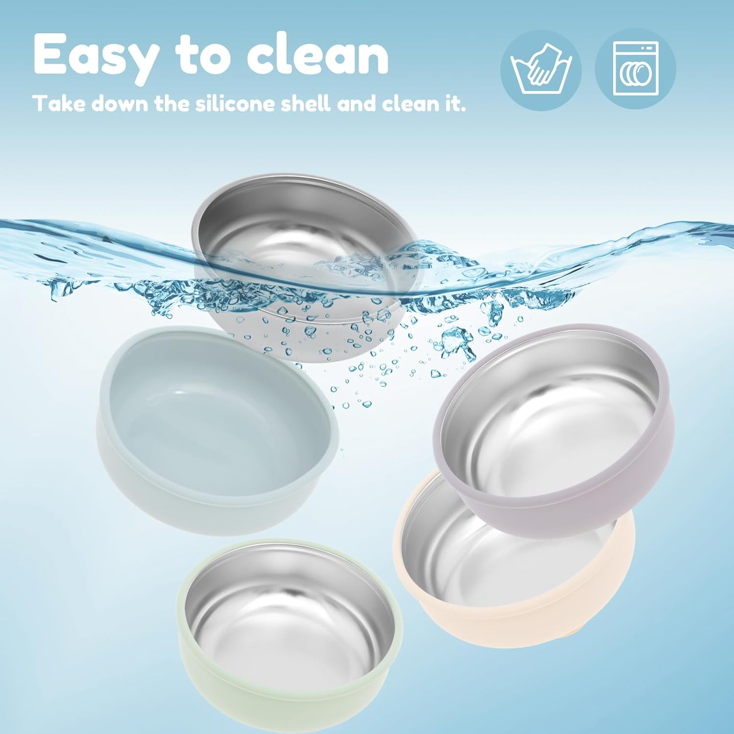 4 Pcs 304 Stainless Steel Baby Bowl with Removable Silicone Shell,Nonslip Baby Food Bowl with Suction for Toddlers 4 Colors Se image number 6