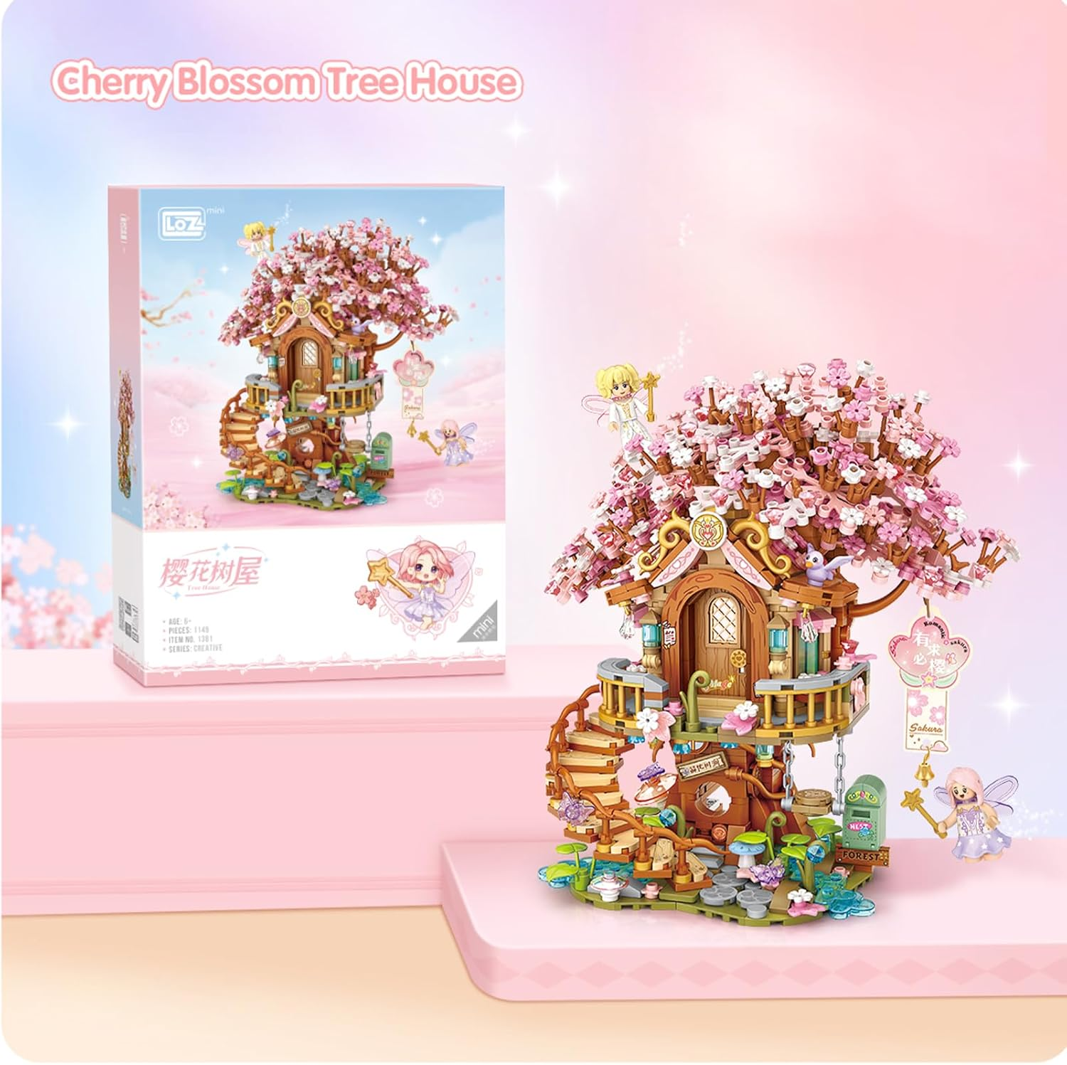 Cherry Blossom Tree House Mini Building Blocks Set &ndash; 1149Pcs Fairy Tree House Model Kit for Teens & Adults, Sakura-Themed Micro Brick Toy image number 4