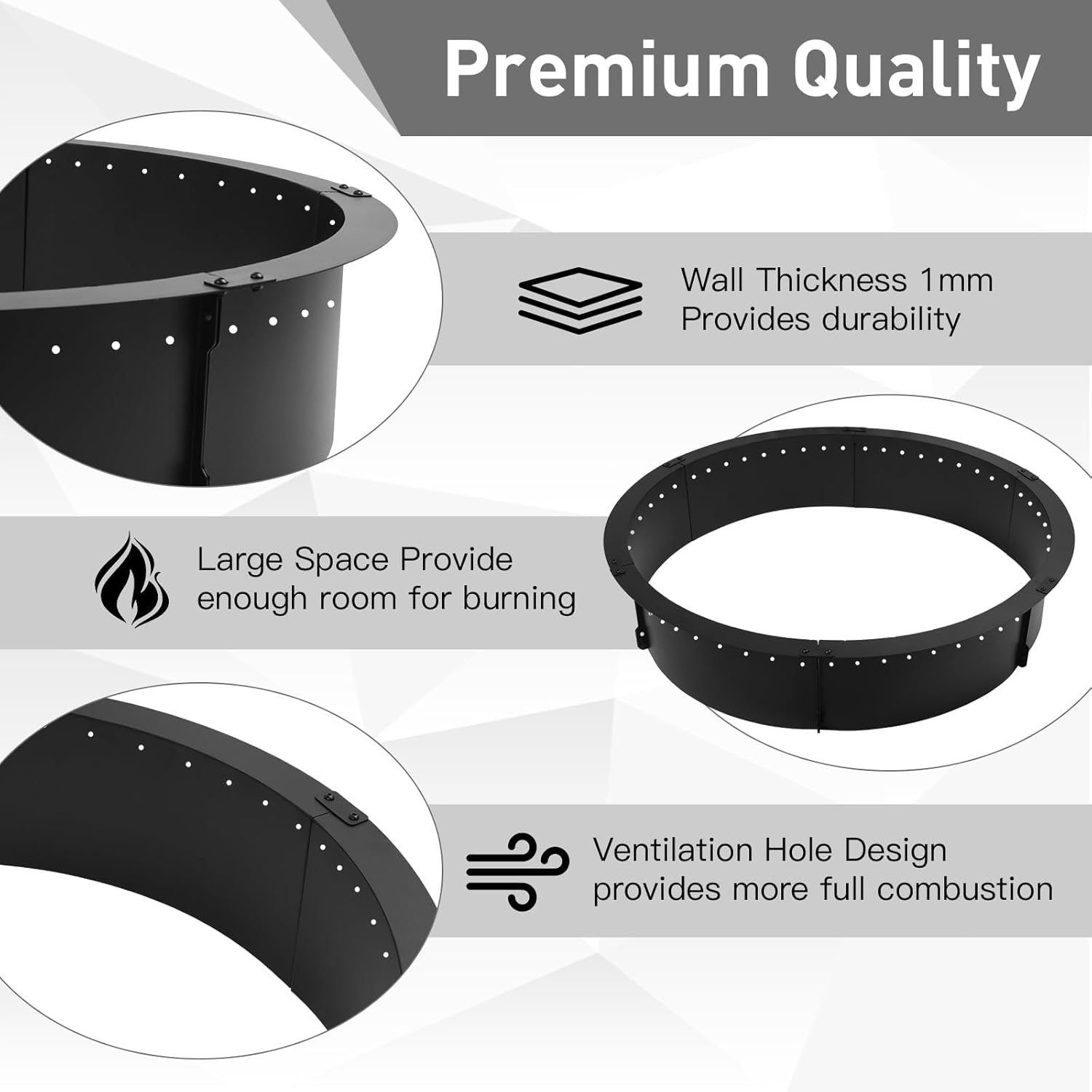 40 Inch Fire Pit Ring,Large round Insert Firepit for Outdoor Fire Liner Wood Burning Heavy Duty Metal Campfire Ring above or In-Ground, Black 40-Inch Outer/36-Inch Inner Diameter image number 2