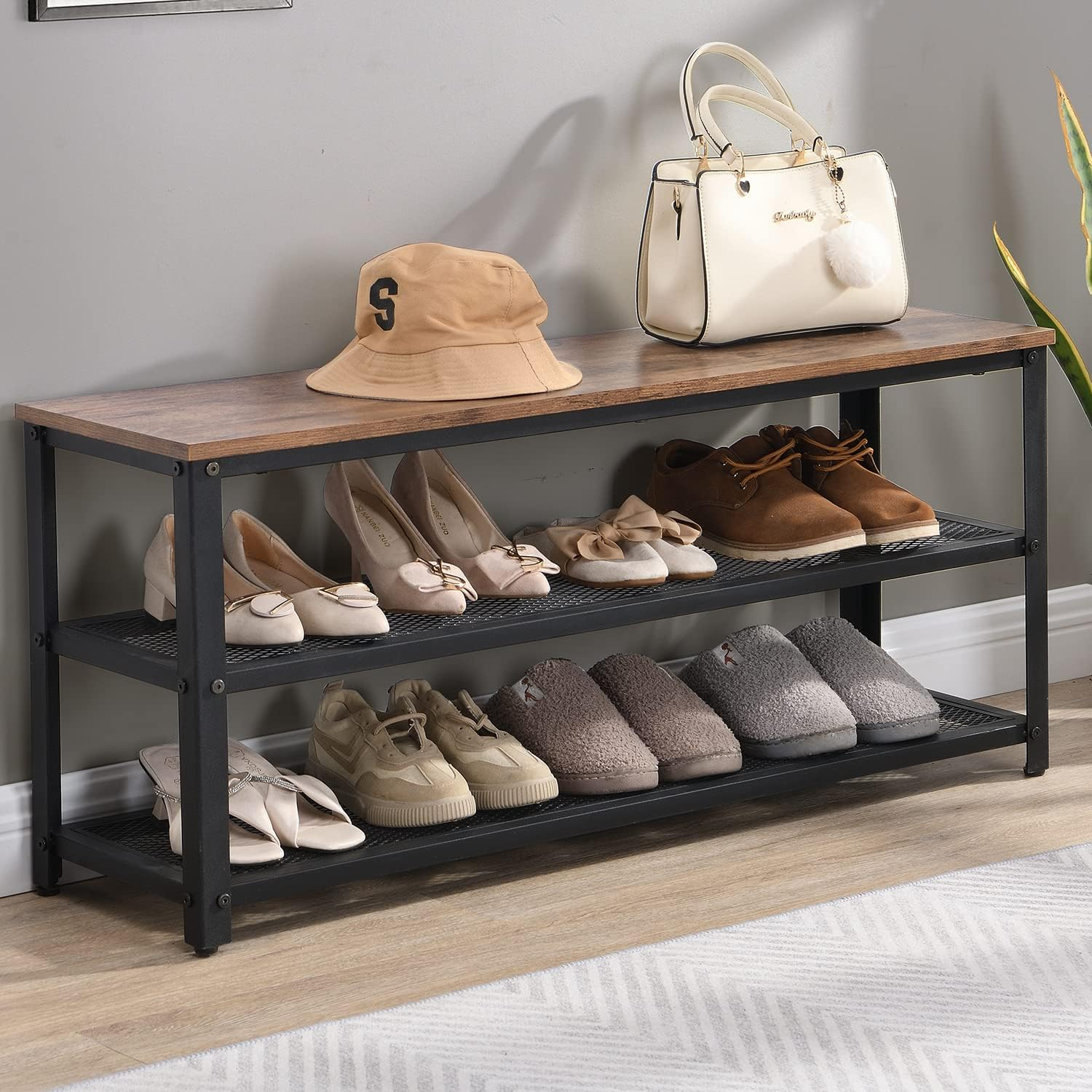 Shoe Bench, 3-Tier Shoe Rack with Storage Organizer Seat, Shelf Storage Bench with Metal Mesh Shelves, 100Cm Entry Bench for Entryway, Living Room, Hallway, Industrial Style, Rustic Brown image number 5