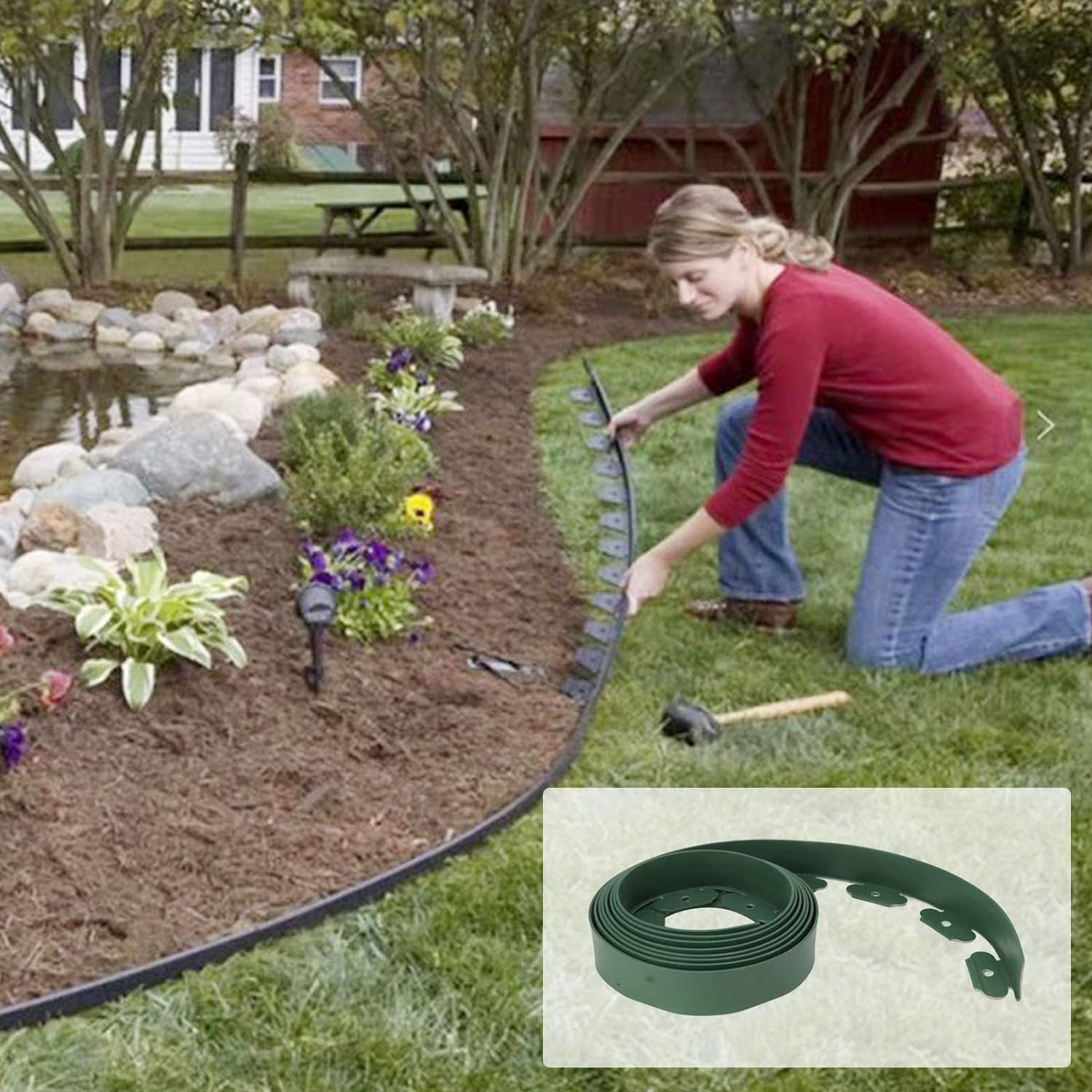Landscape Edging Kit, No Dig Garden Edging Border, Include 30 Spikes, 32.8Ft Length Landscape Edging Coil Garden Edging Coil for Landscaping and Flower Gardens, Easy to Install - Green image number 3