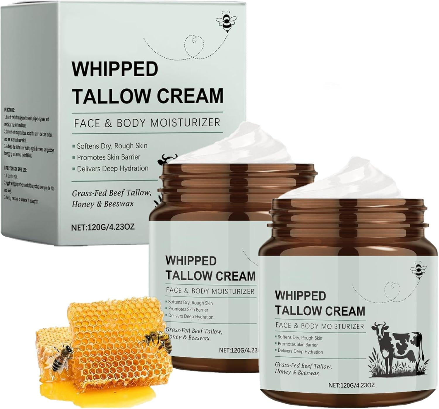 2PCS Beef Tallow Balm,Fed Beef Tallow & Raw Honey Balm, Natural Face & Body Cream for Dry,Skincare Cream for Soft,Able for All Skin Types image number 2