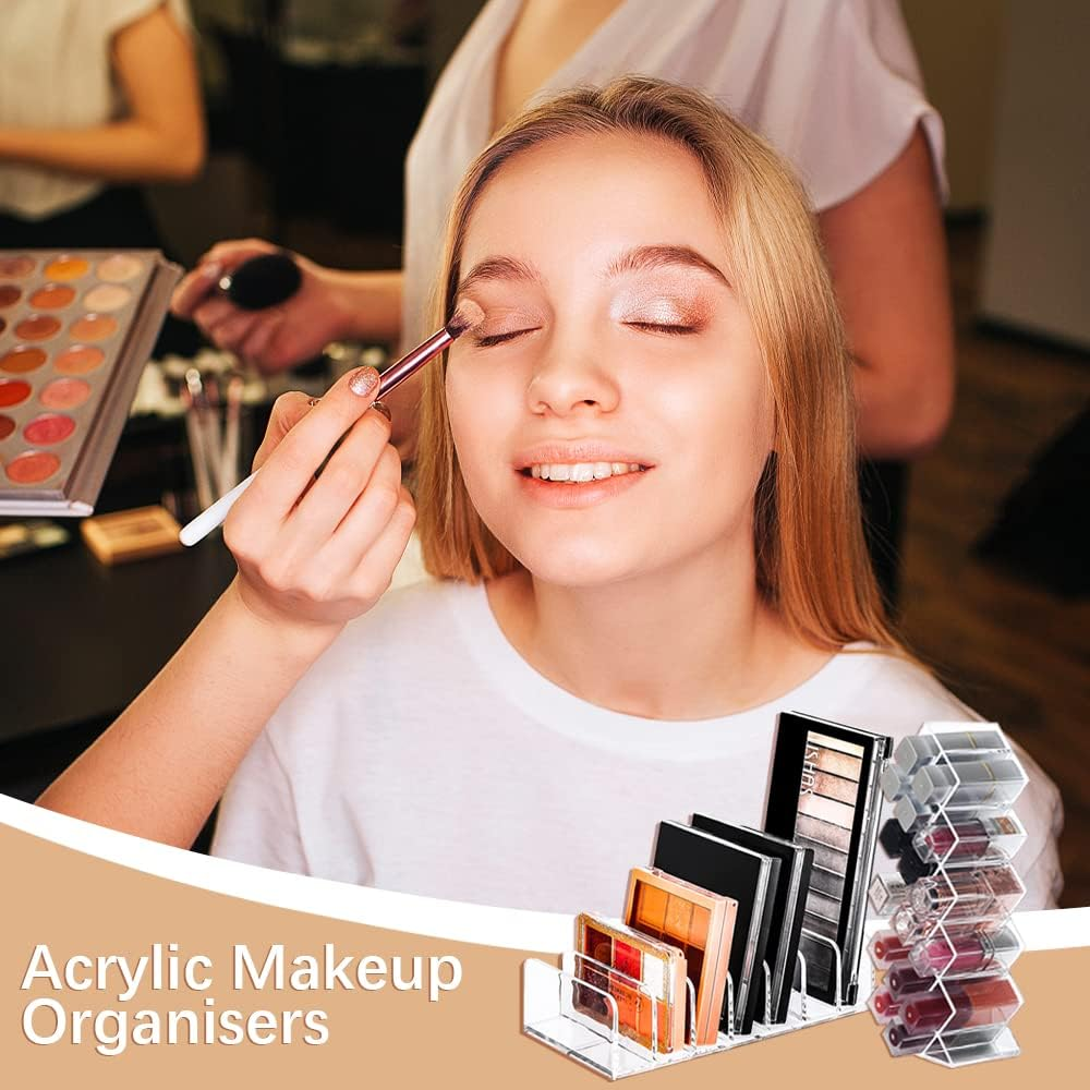 3Pcs Eyeshadow Palette Organizer, FHDUSRYO 7 Section Makeup Palette Organizer, 2 Acrylic Palette Organizer with 1 Lipstick Holder, Clear Palettes Storage Holder for Cosmetics Blush, Bathroom Vanity image number 1