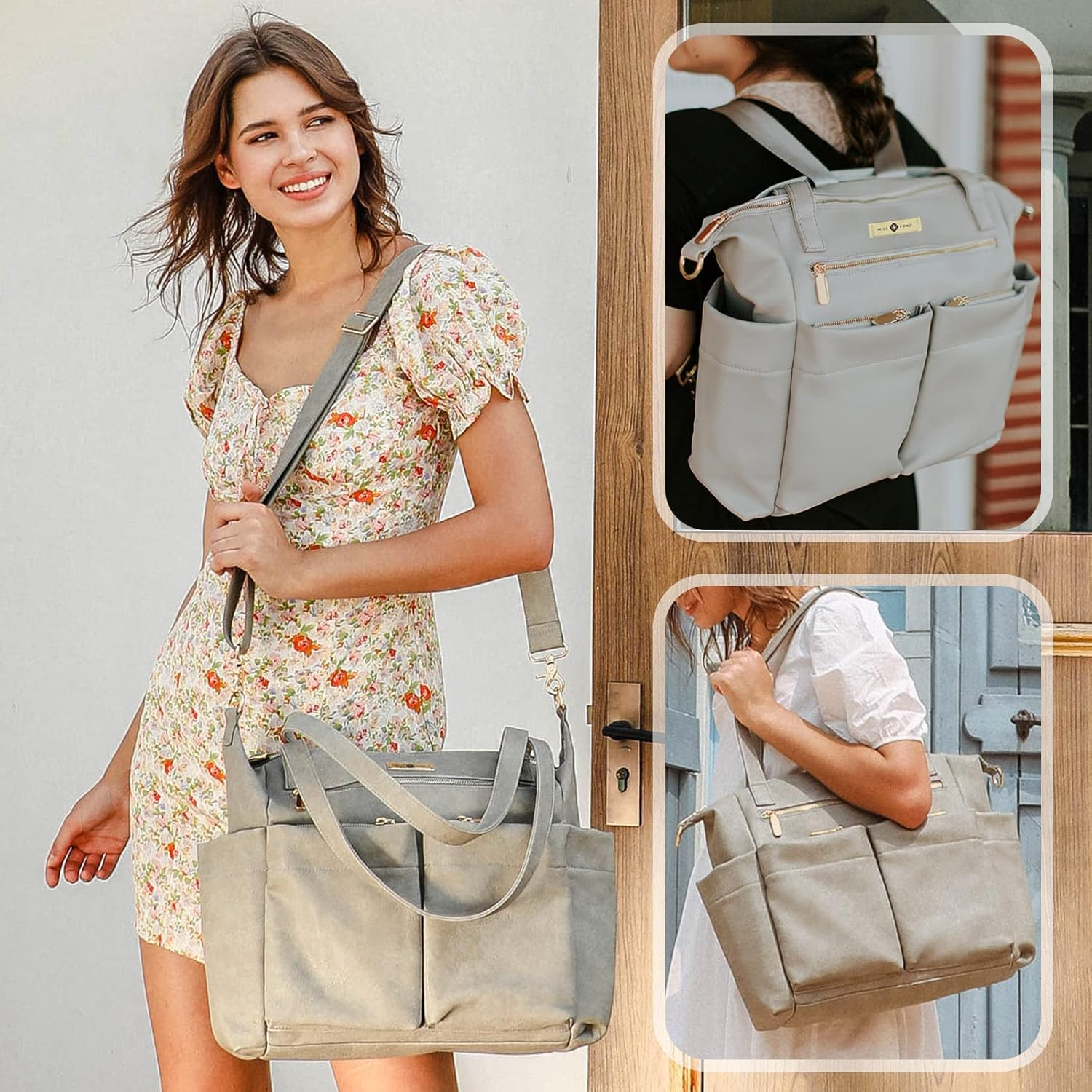 Miss Fong Diaper Bag Tote Baby Bag Leather Diaper Bag Backpack Large Diaper Tote Bag for Girls & Boys Diaper Bag Purse with 11 Diaper Bag Organizer,Changing Pad, Stroller Straps,4 Insulated Pockets - Black image number 3