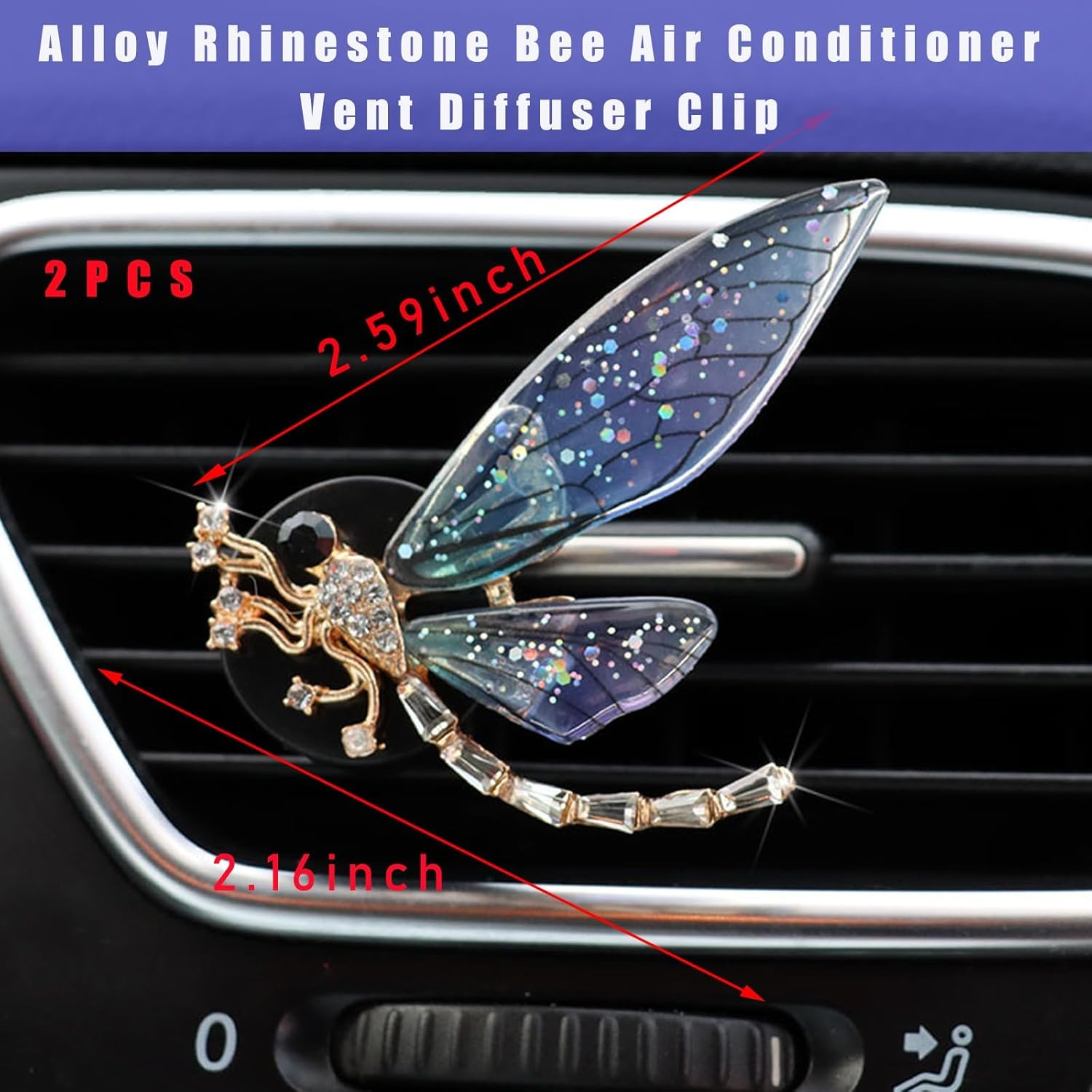 2PCS Bling Dragonfly Air Vent Clips, Cute Crystal Car Air Fresheners Vent Clips, Rhinestone Diamond Auto Diffuser Vent Clip for Women Girls, Car Interior Decor Accessories (Blue) image number 1