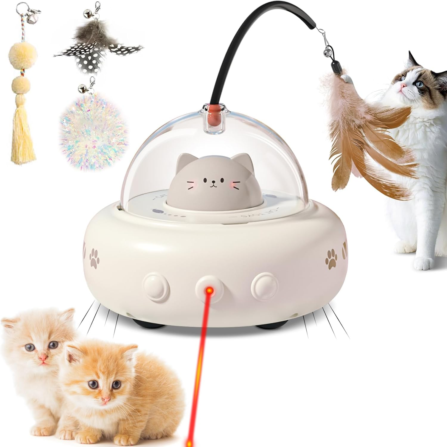 Laser Cat Toys for Indoor Cats, 2 In1 Interactive Cat Toys Laser and Feather Cat Wand Rechargeable Automatic Cat Laser Toy, for Bored Indoor Adult Cats/Kittens (Beige) image number 1