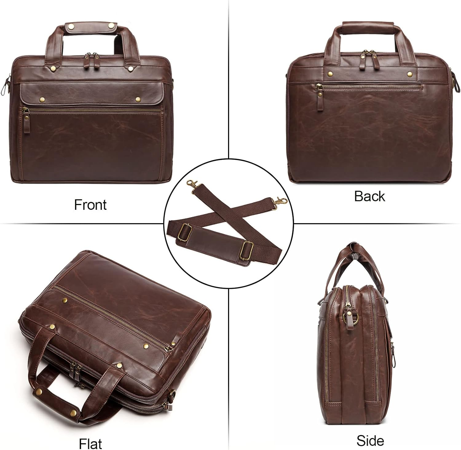 15.6 Inch PU Leather Briefcase for Men Laptop Bag Waterproof Retro Business Travel Messenger Bag Perfect for Daily/Christmas, Brown, X-Large, Retro image number 3