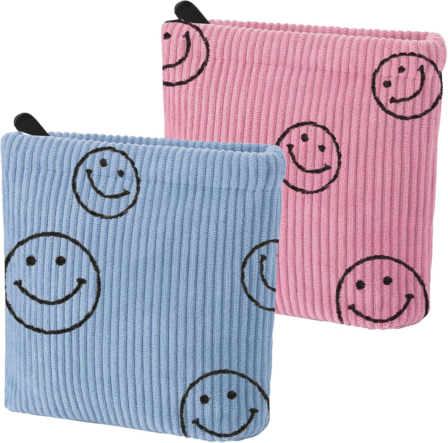 Teircno 2 PCS Preppy Corduroy Period Bag for Women, Cute Smiley Face Sanitary Napkin Storage Bag Portable Period Pouch with Zipper, Sanitary Pads Bag Tampons Holder for Purse First Period