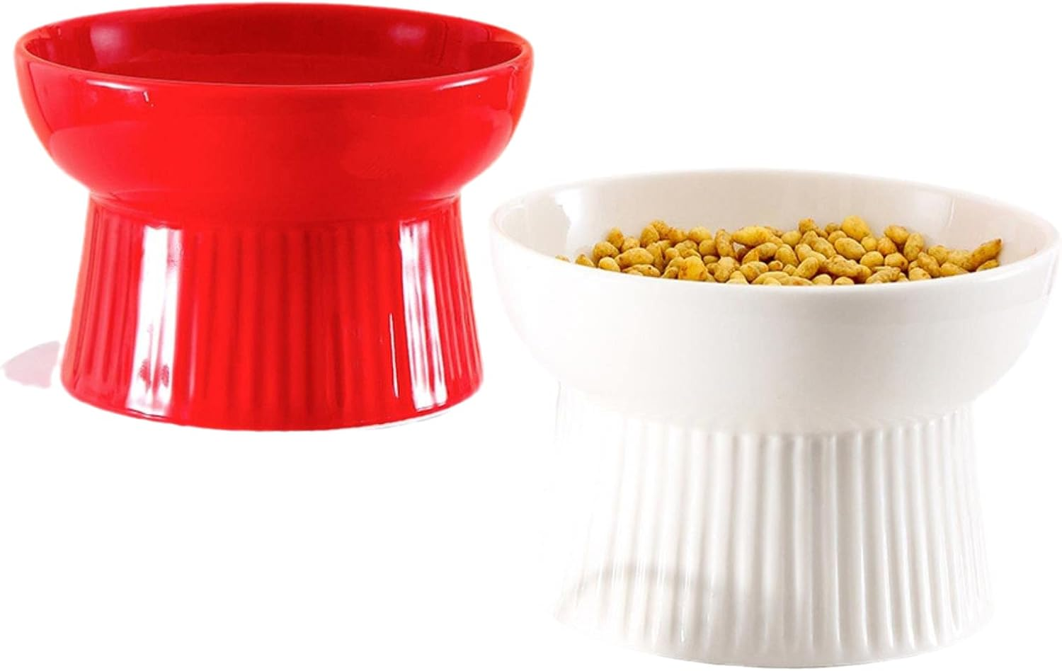 Ceramic Pet Bowl Neck Guard Cute Dog Bowl Cartoon Tall Cat Bowl Striped Ceramic for Flat Faced Cats,Small Dogs,Protects Pets Spine-Small,White image number 3