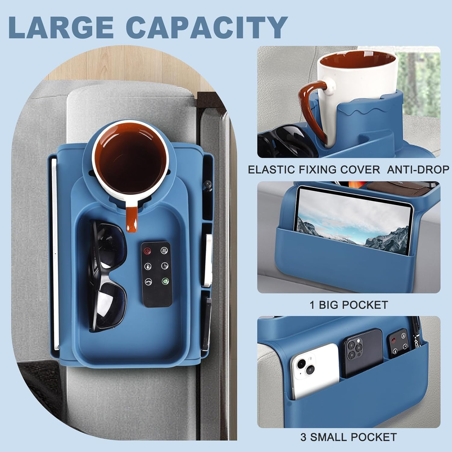 Silicone Couch Cup Holder with Side Pockets &ndash; Extra-Large, Anti-Spill & Anti-Slip Sofa Armrest Tray for Drinks, Phone, Remote & Snacks image number 6