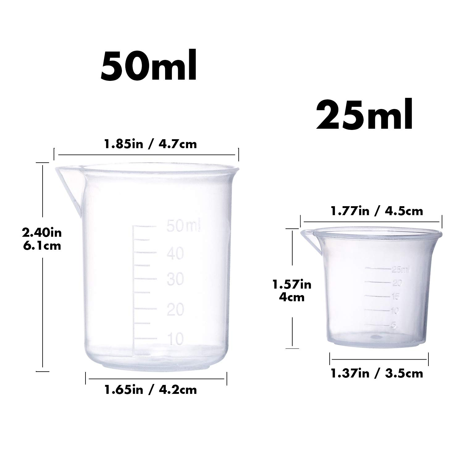 Plastic Beaker Set, 5 Sizes Low Form Measuring Graduated Griffin Polypropylene Beakers in 500 Ml, 250 Ml, 100 Ml, 50 Ml, 25 Ml for Laboratory, & Science Experiments with 5 Plastic Droppers in 3 Ml image number 3