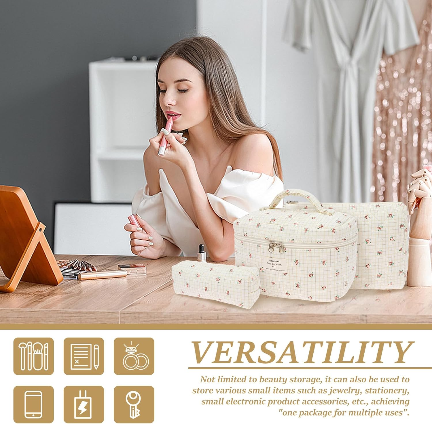 Rdjeokf 3 Pcs Makeup Bag, Large Portable Cotton Toiletry Pouch Tote, Cute Aesthetic Travel Cosmetic Bag, Cosmetic Organizer, Makeup Pouch for Women Girls, Ideal Mothers Day Gift (Style 1)