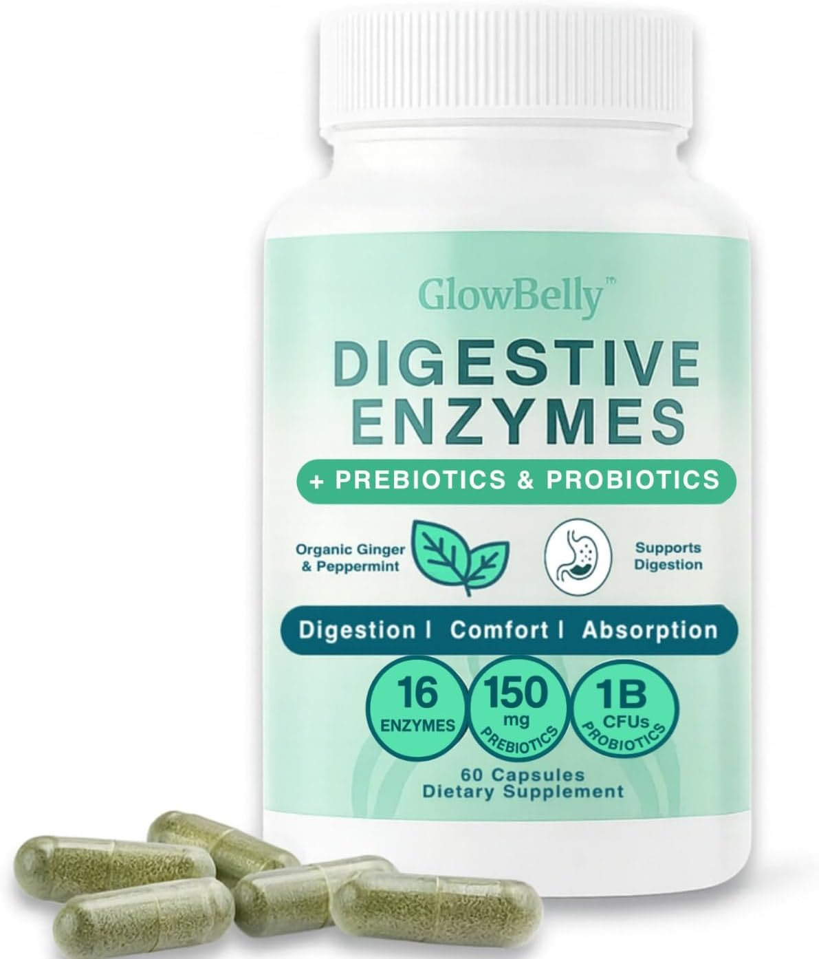 Glowbelly Digestive Enzyme Complex | 16 Plant-Based Enzyme Strains with Prebiotics, Probiotics (1B CFU), Peppermint & Ginger | 60 Vegan Gluten-Free Capsules image number 1