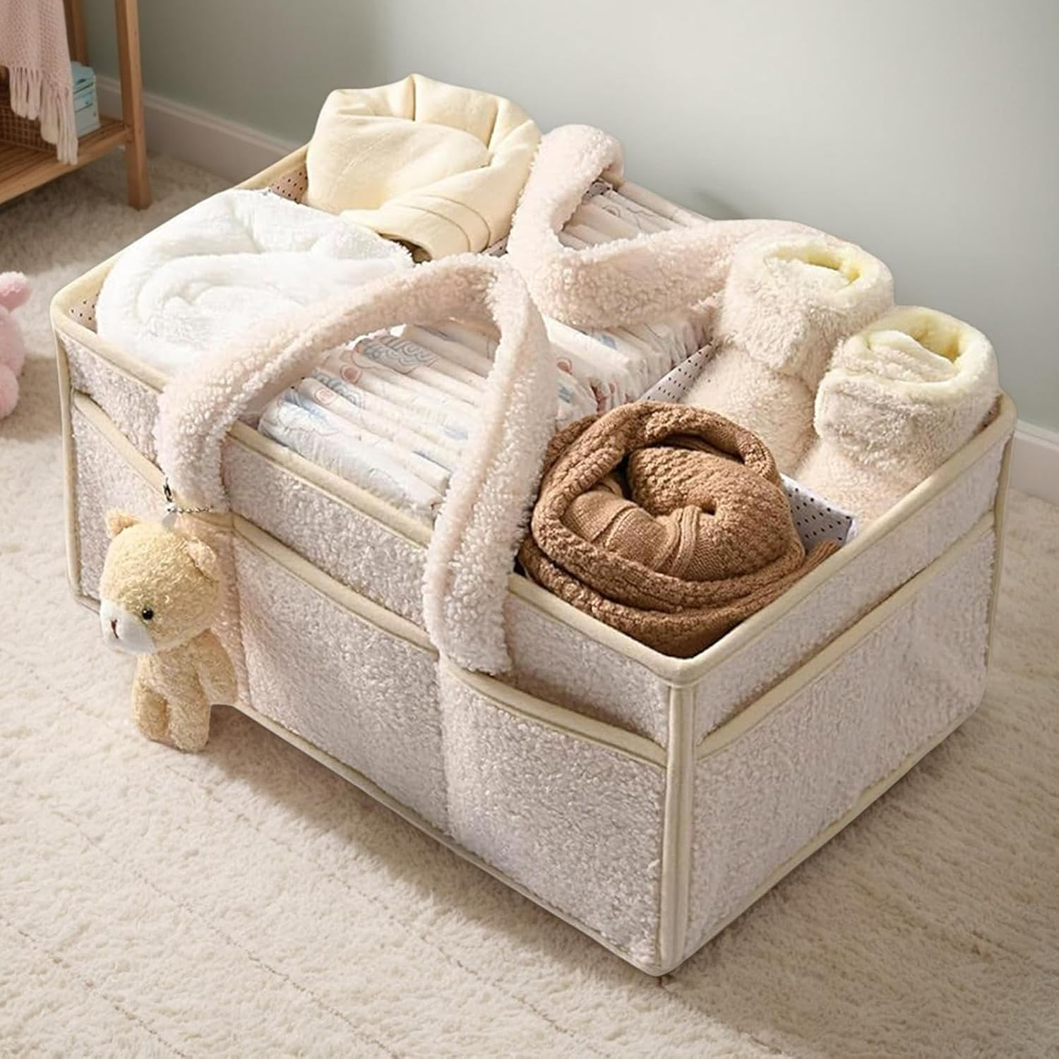 Baby Changing Bag Organiser, Baby Storage Bag with Removable Dividers, Multifunctional Portable Changing Organiser with Bear, for Wet Wipes and Baby Items, 38 X 25.4 X 17.8 Cm