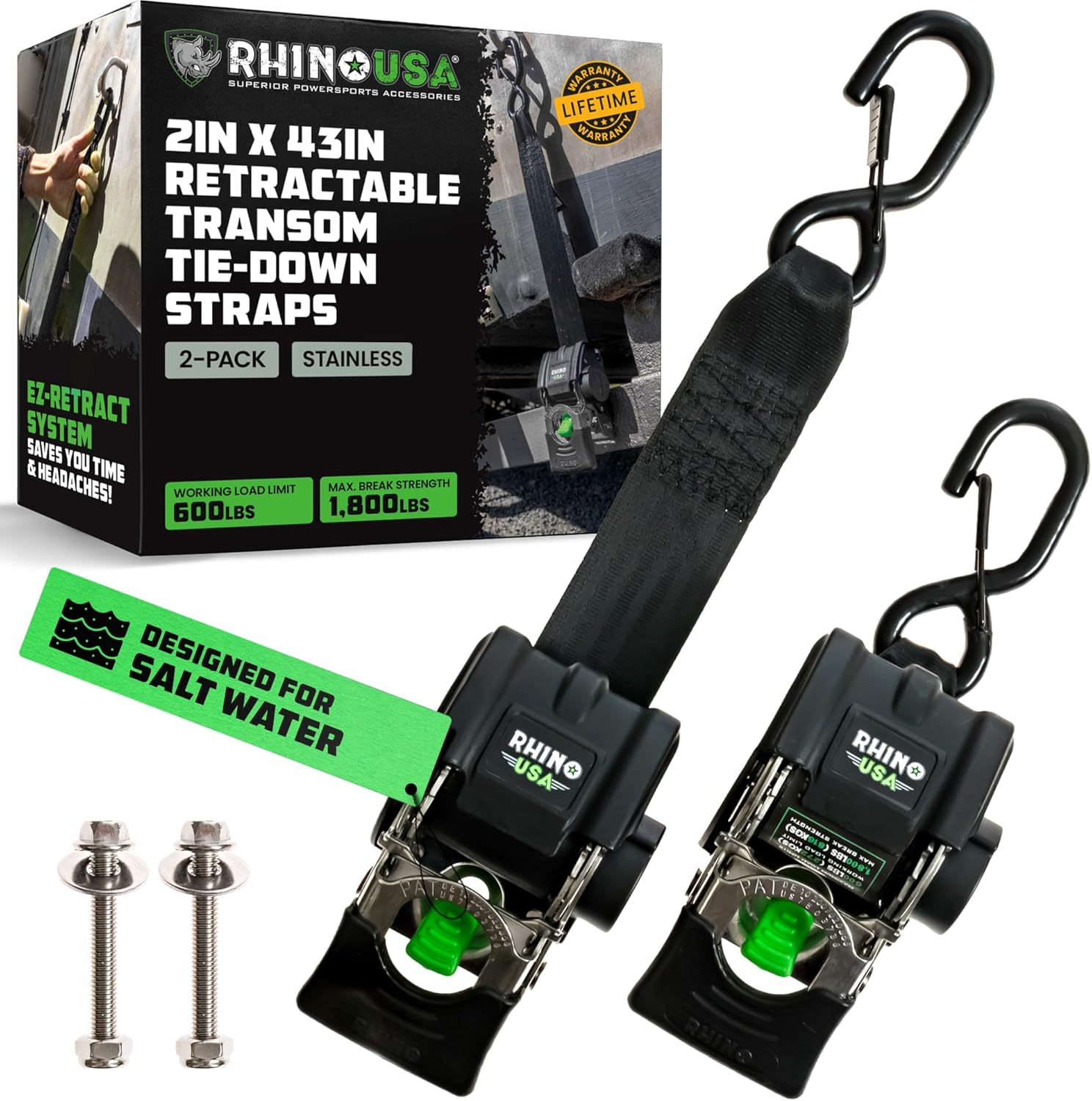 Rhino USA Retractable Boat Trailer Tie down Straps 2PK &ndash; Durable (2In X 43In) Trailer Mount Transom Straps for Boat, Jet Ski &ndash; Stainless Steel &ndash; Salt Water Compatible