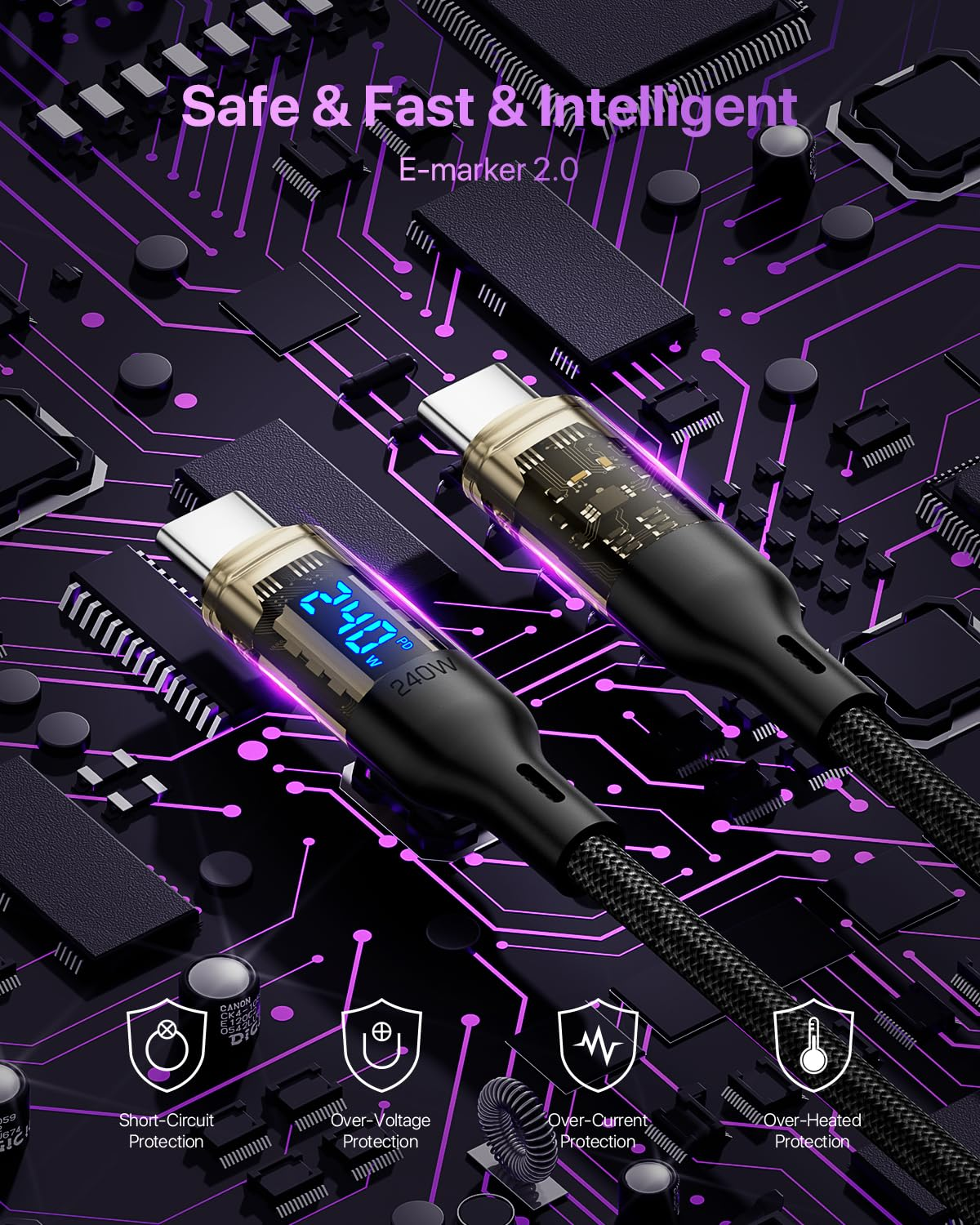 240W USB C to USB C Transparent Cable with LED Display Compatible with 140W 100W Fast Charging for Macbook Pro,Lphone15/15Pro/15Promax, Galaxy S23+/S23Ultra/S22,2M,Black image number 5