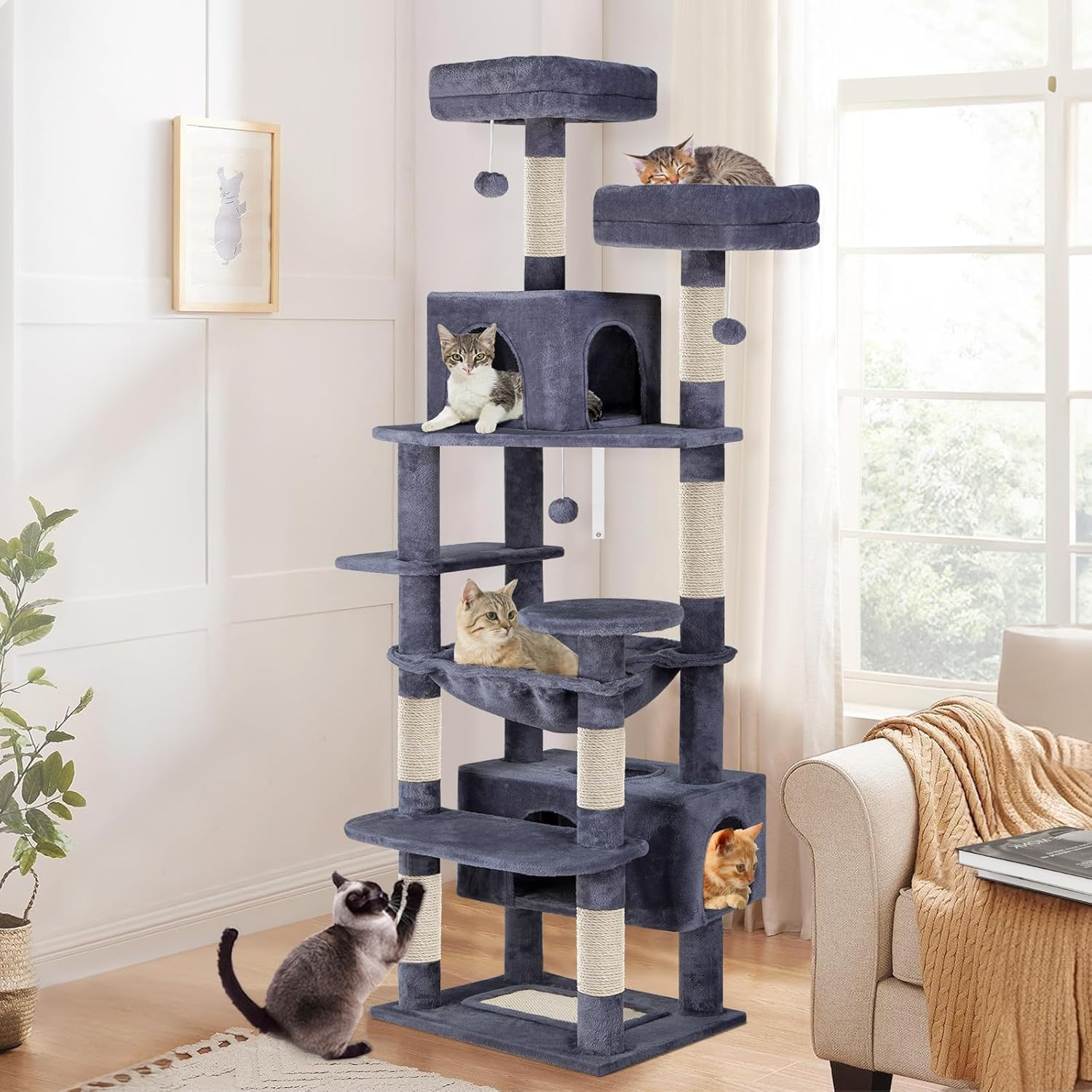 BEASTIE Cat Tree Play Tower 184Cm Tall, Multi-Level Kittens Scratching Post Tower with Scratching Pad, Multi-Story Pet Dens Condo Wood House Furniture with Sisal Scratcher Poles for Kitty, Black