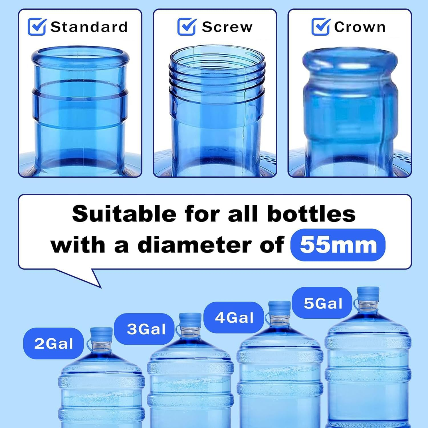 4 Pack 3 & 5 Gallon Water Jug Cap, 55Mm Reusable Food Grade Silicone Water Bottle Cap for Standard/Screw/Crown Tops, Water Dispenser Replacement Lids, Non-Spill & Leak Free image number 2
