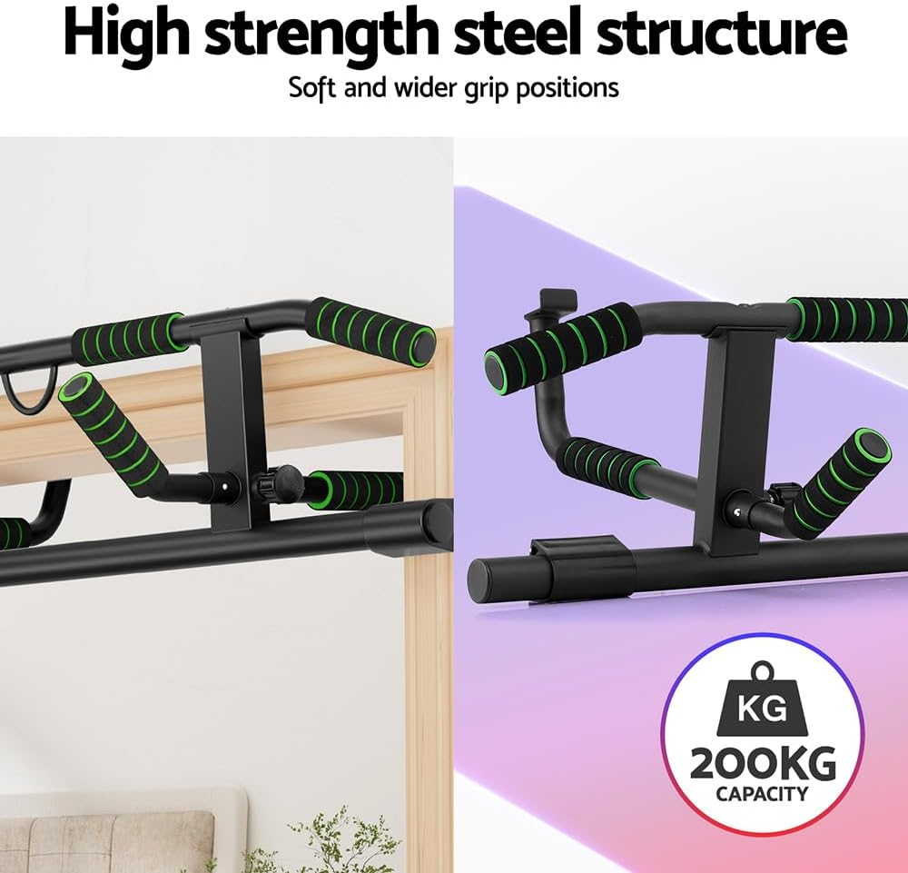 Everfit Multi-Grip Doorway Pull up Bar - 200KG Heavy Duty Chin up Bar with 2 Resistance Bands & Anti-Slip System for Home Gym Full Body Workout