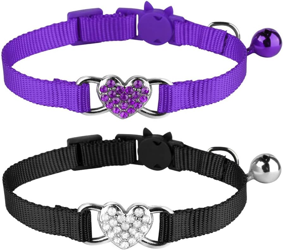 Mtliepte 2 Pcs Cat Collars Heart Bling Breakaway with Bell Nylon Adjustable for Kitty (Pink+Purple)