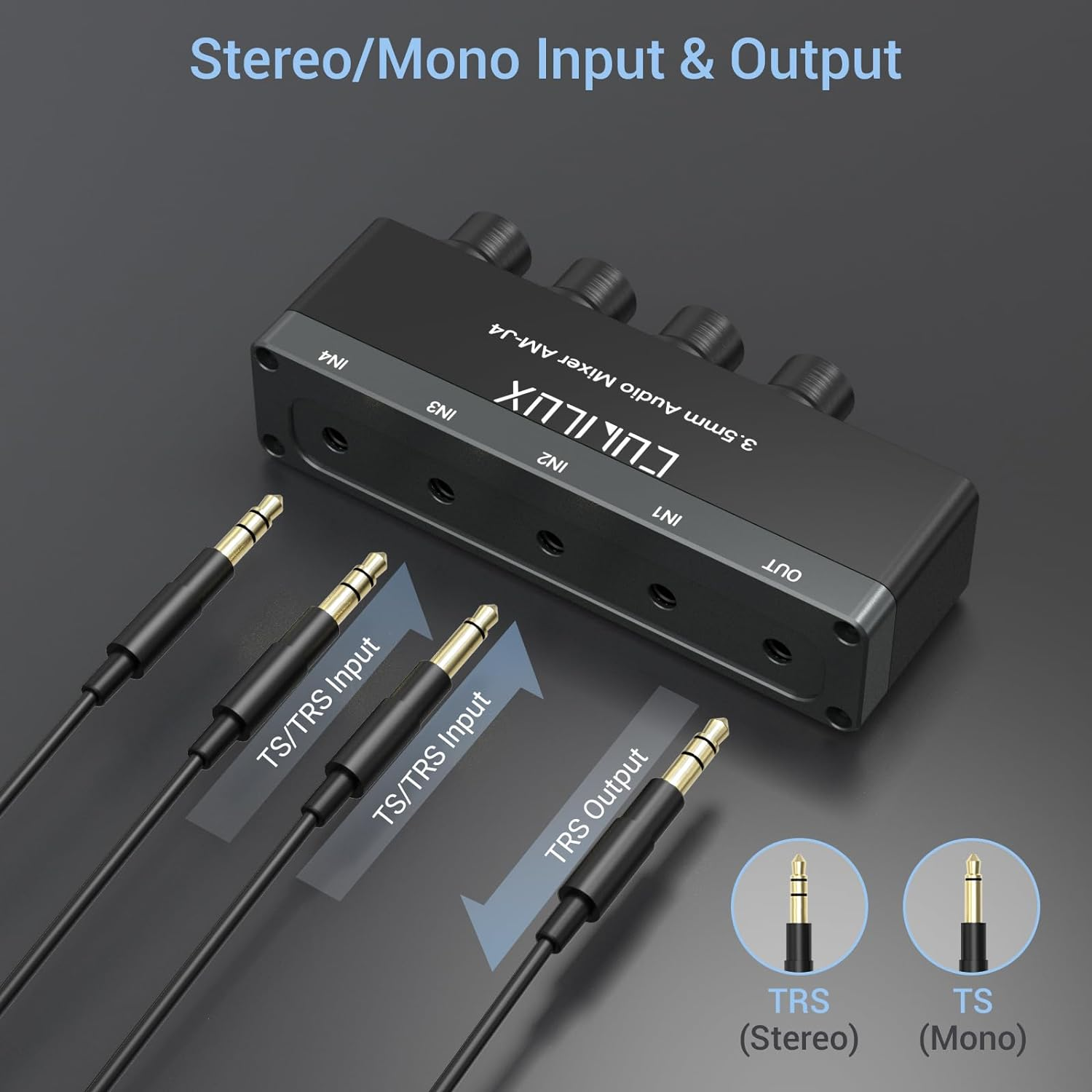 Cubilux 4-Channel 3.5Mm Audio Mixer, Ultra-Low-Noise Mini Audio Mixer for Sub-Mixing, 1/8 TS/TRS Input, Stereo Switcher Suitable for Guitars, Bass, Keyboards image number 1