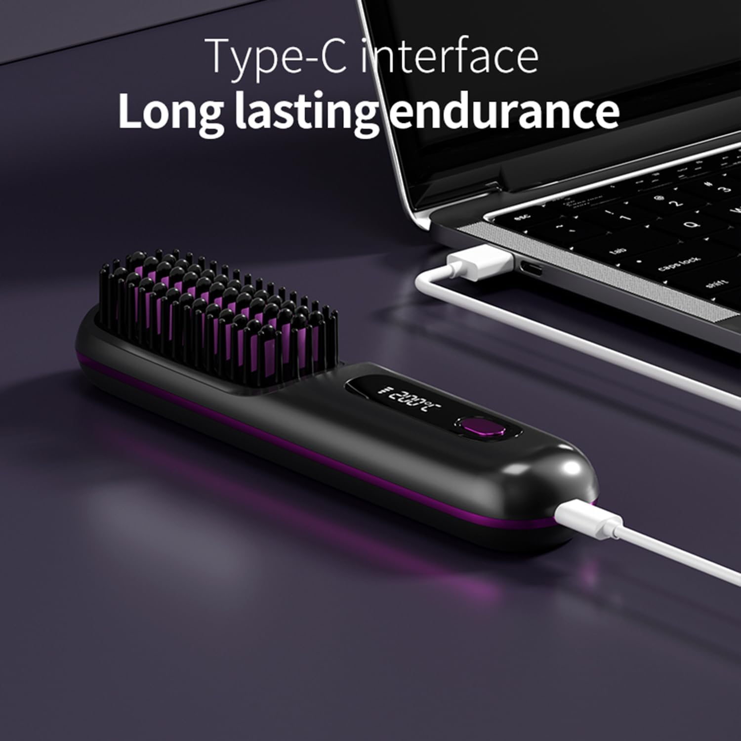 Cordless Hair Straightening Brush with LCD Display 160-200&deg;C Constant Temperature 20S Fast Heaning Type-C Interface Long Lasting Endurance Light Portable Gifts for Woman Travel (Purple) - Blue image number 2