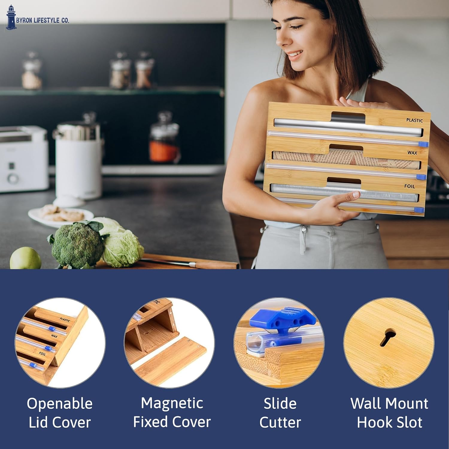 Foil and Cling Wrap Organiser - 3-In-1 Bamboo Wrap Dispenser with Built in Cutter - 33Cm, Fits Australian Cling Wrap, Aluminium Foil, and Baking Paper Rolls, Wall-Mountable or Fits in Draw. image number 4