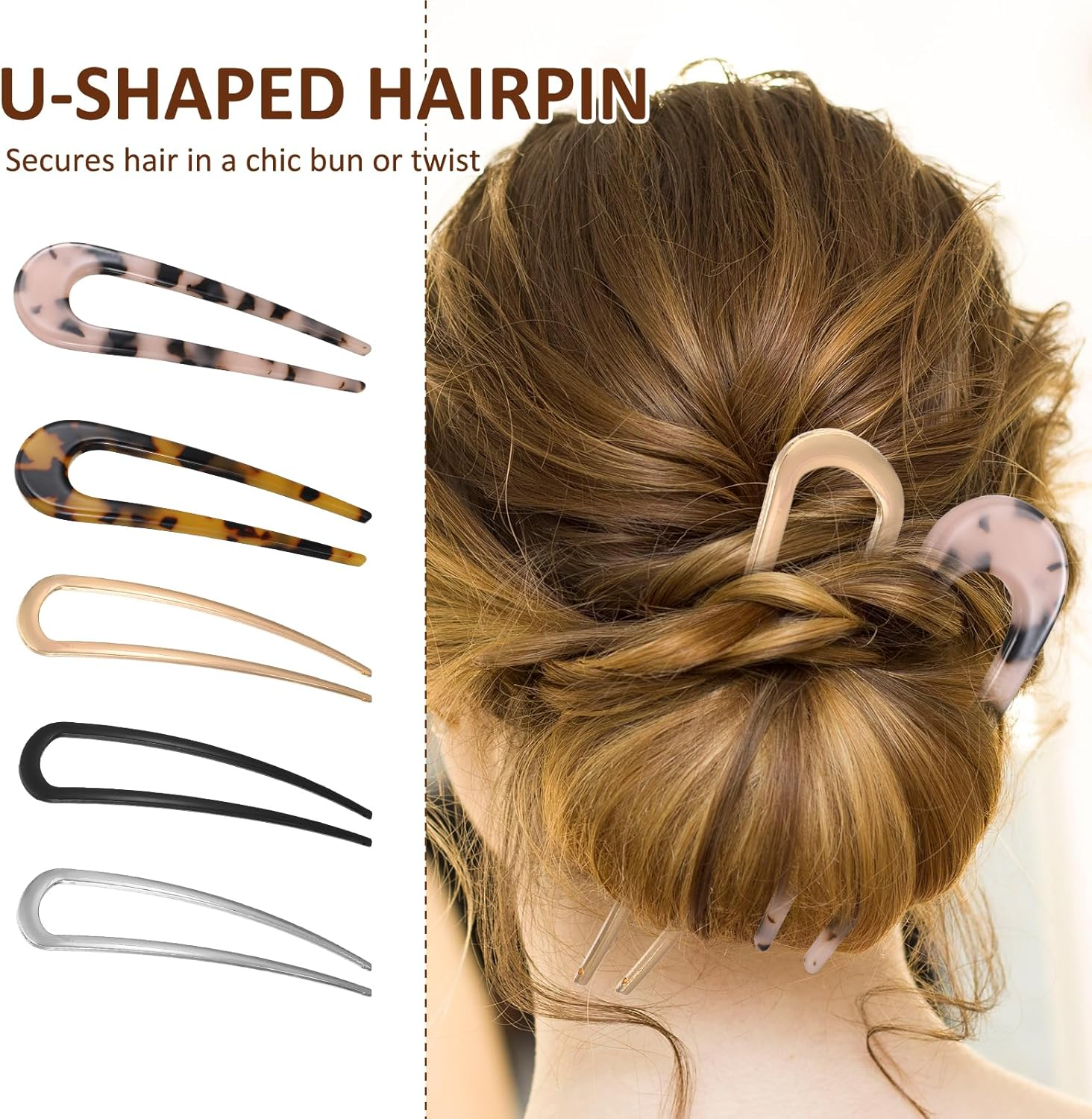 Pack of 5 French Hair Pins, U-Shaped French Hair Pins, French Twist Hairs Pin, Vintage French Hairs Pins, Hair Clips for Women Girls Hair Style (Gold, Silver, Black, Tortoiseshell) image number 2