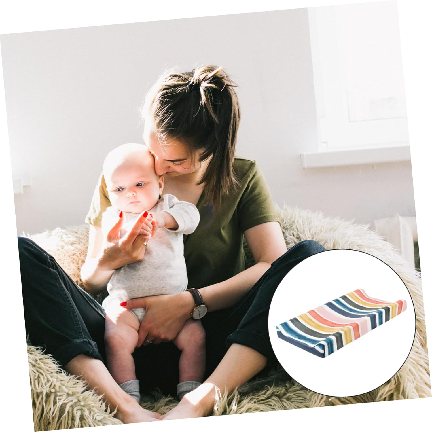 Baby Changing Pad Cover and Diaper Changing Pad Sheet for Infants Washable Removable Elastic Fabric Rainbow Stripe Reusable for Nursery Use image number 2