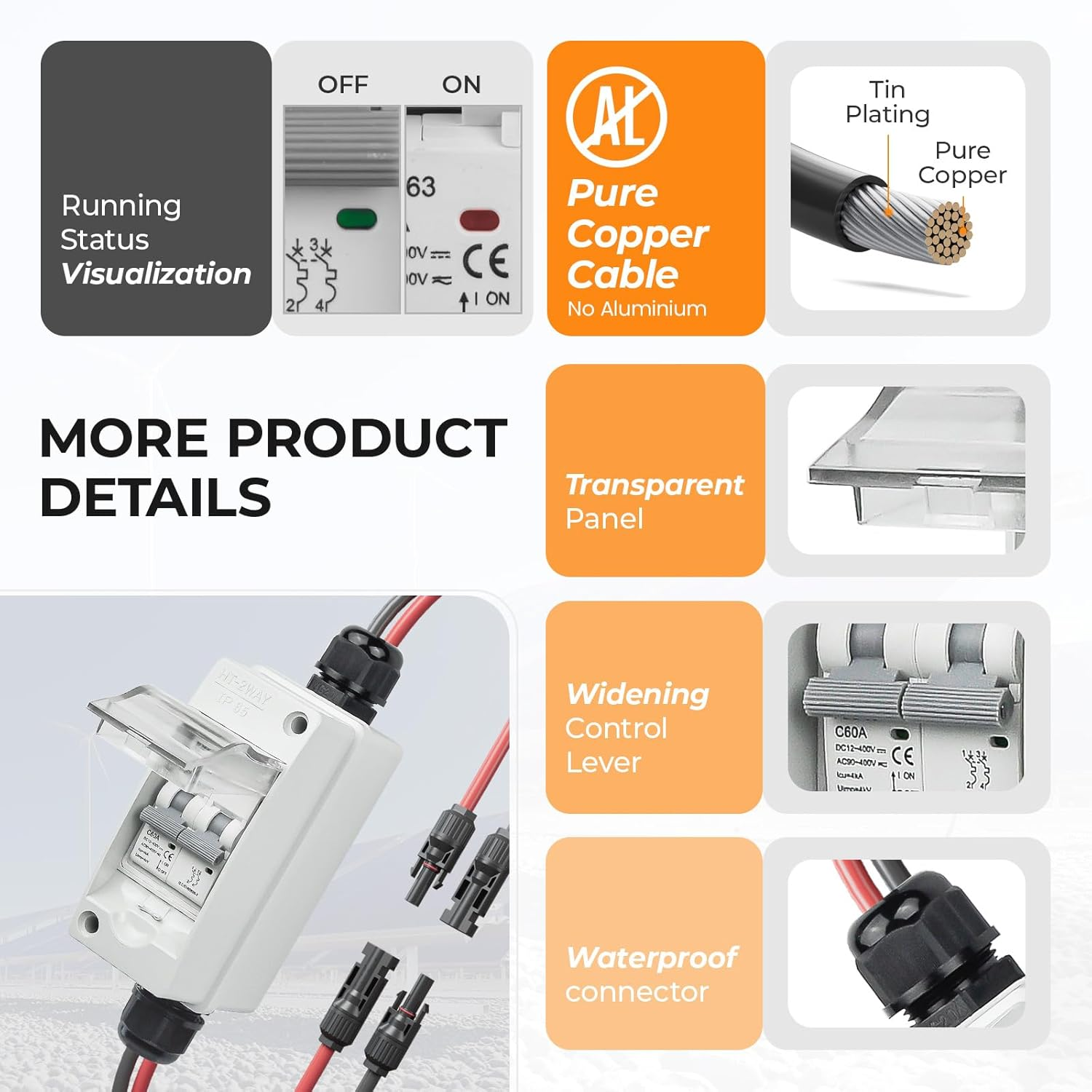 Solar Panel Disconnect Switch, 60A 400V, 2 Pole DC/AC Miniature Circuit Breaker with IP65 Weatherproof Box and Pre-Wired Cables image number 3