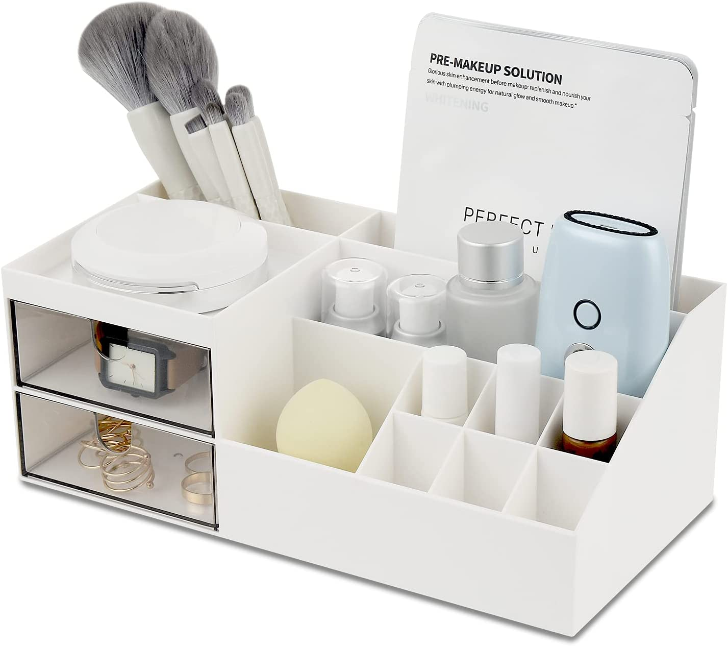NWK Desk Makeup Organiser with Brush Holder, Skincare Cosmetic and Perfume Storage, Bathroom Organiser for Lipsticks, Nail Care, Jewelry, Office, 2 Drawers and 11 Compartments (White) image number 6