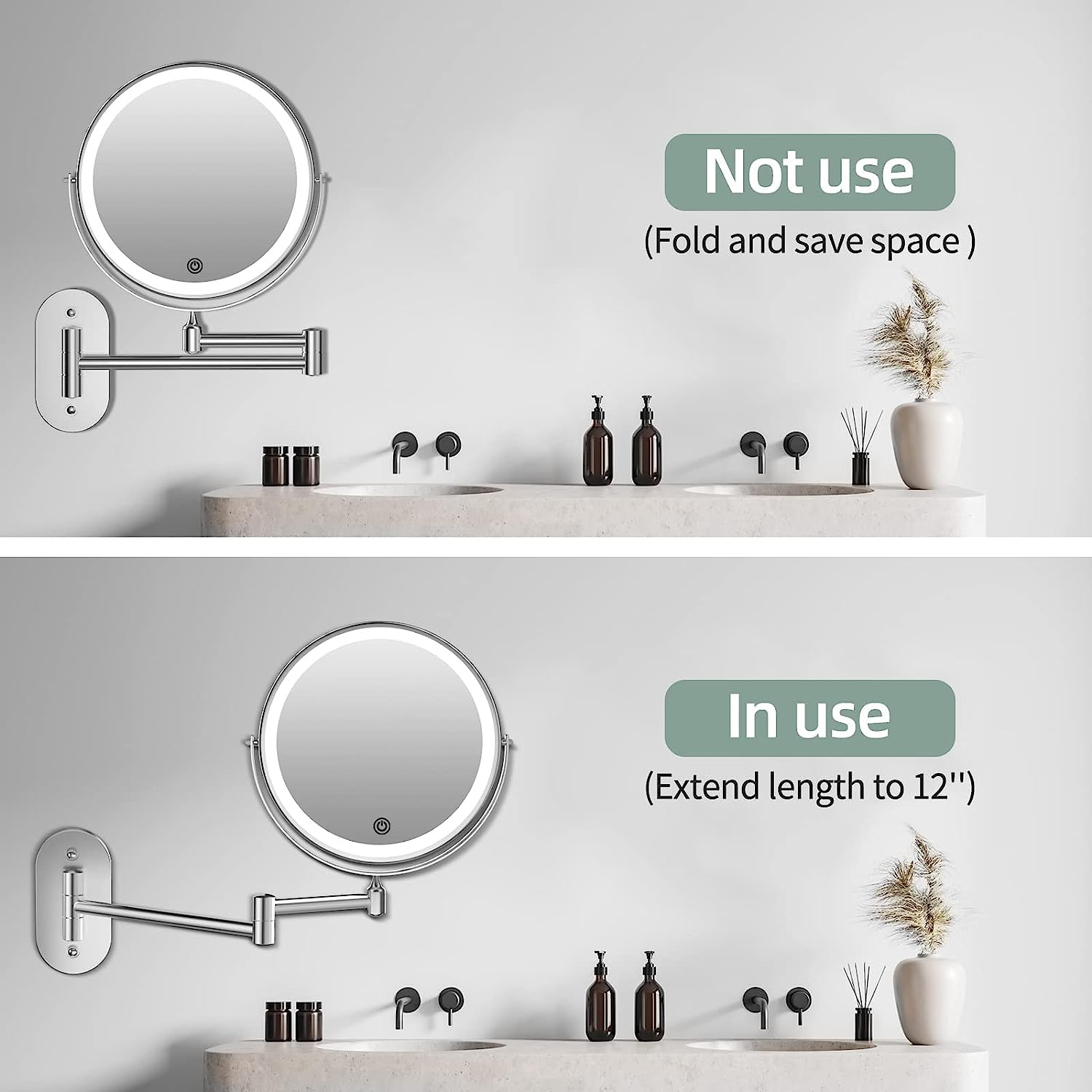 Rechargeable Wall Mounted Lighted Makeup Vanity Mirror 8 Inch 1X/10X Magnifying Bathroom Mirror with 3 Color Lights, Double Sided with Dimmable LED Lights, Extended Arm 360&deg; Swivel Extension Mirror - Siliver With 7X Magnification image number 5