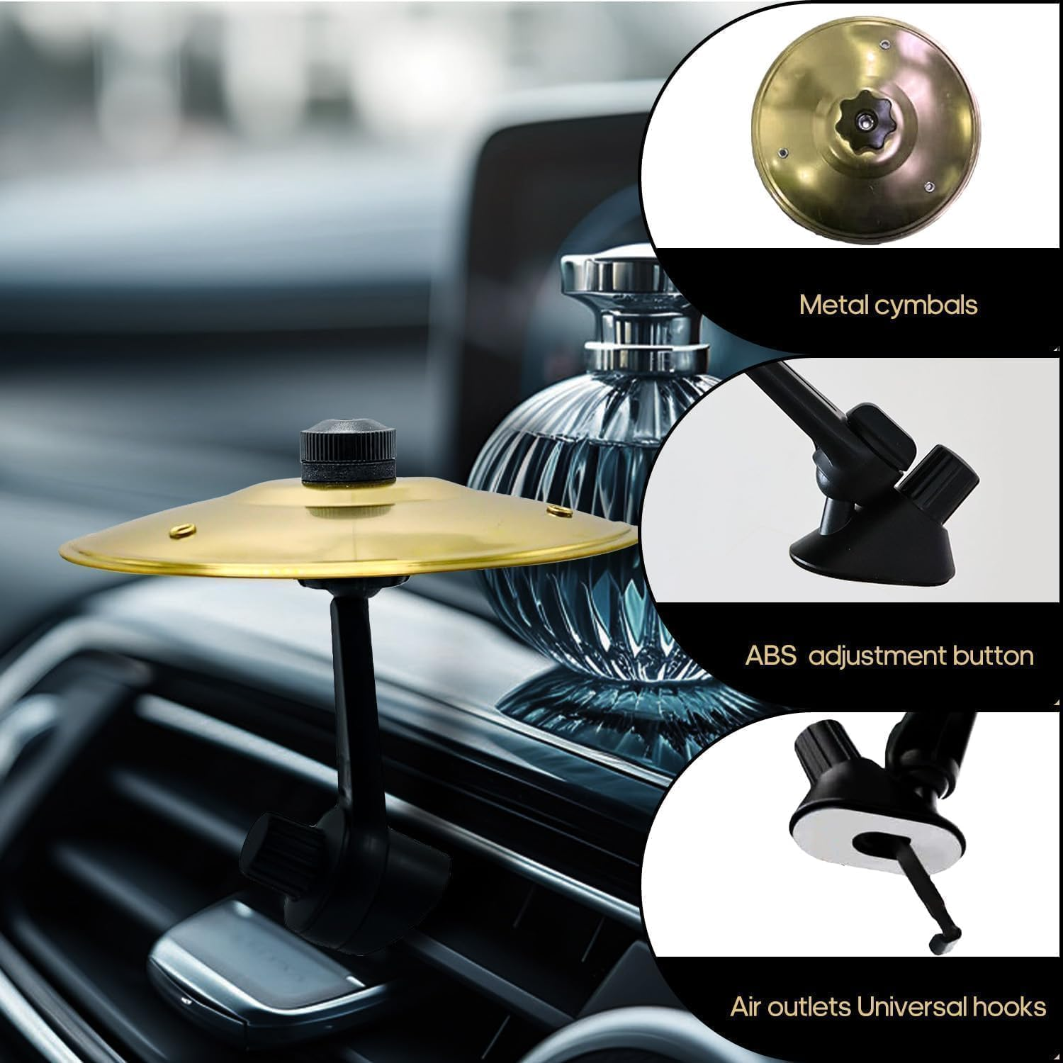 1PCS Car Cymbal Air Vent Clip, Mini Crash Drum Cymbal Ornament That Vibrates with Airflow, Funny Novelty Musical Dashboard Decor for All Car Models image number 3