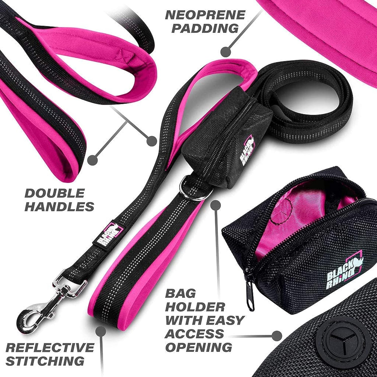 Black Rhino Dog Leash - Heavy Duty - Medium & Large Dogs | 6Ft Long Leashes | Two Traffic Padded Comfort Handles for Safety Control Training - Double Handle Reflective Lead - (Pink)